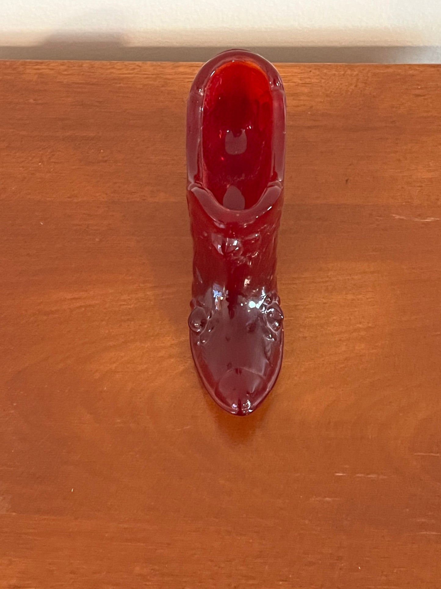 Fenton Ruby Red Amberina Glass Shoe Slipper Boot with Roses Excellent Condition