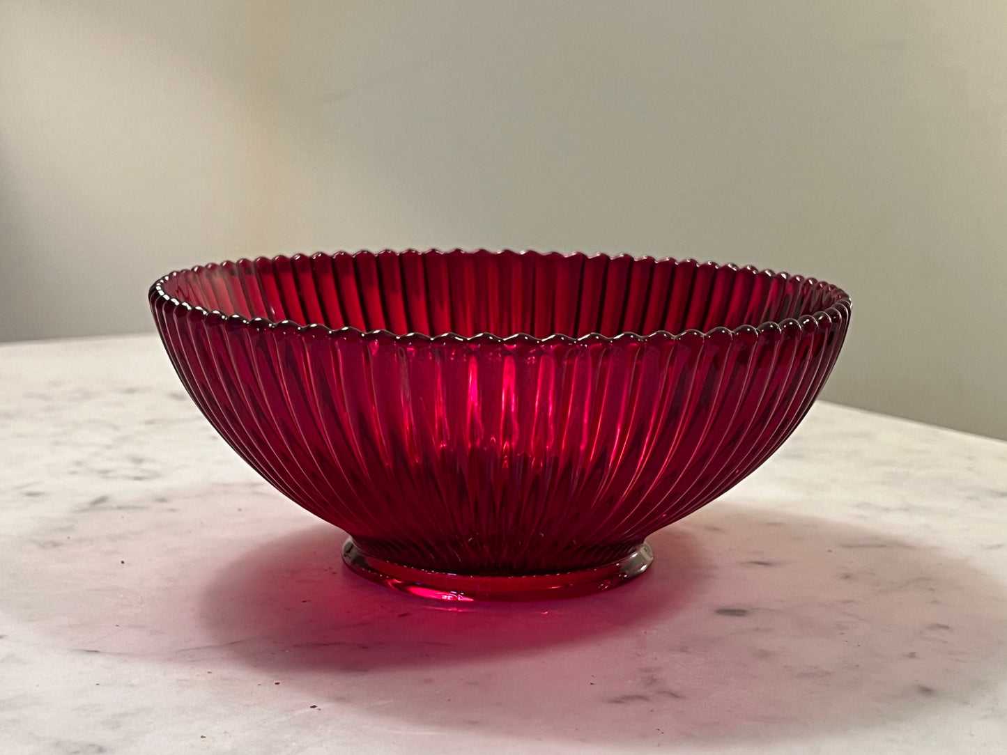 Vintage Anchor Hocking Glass Round Serving Bowl Queen Mary vertical ribbed or prismatic line pattern