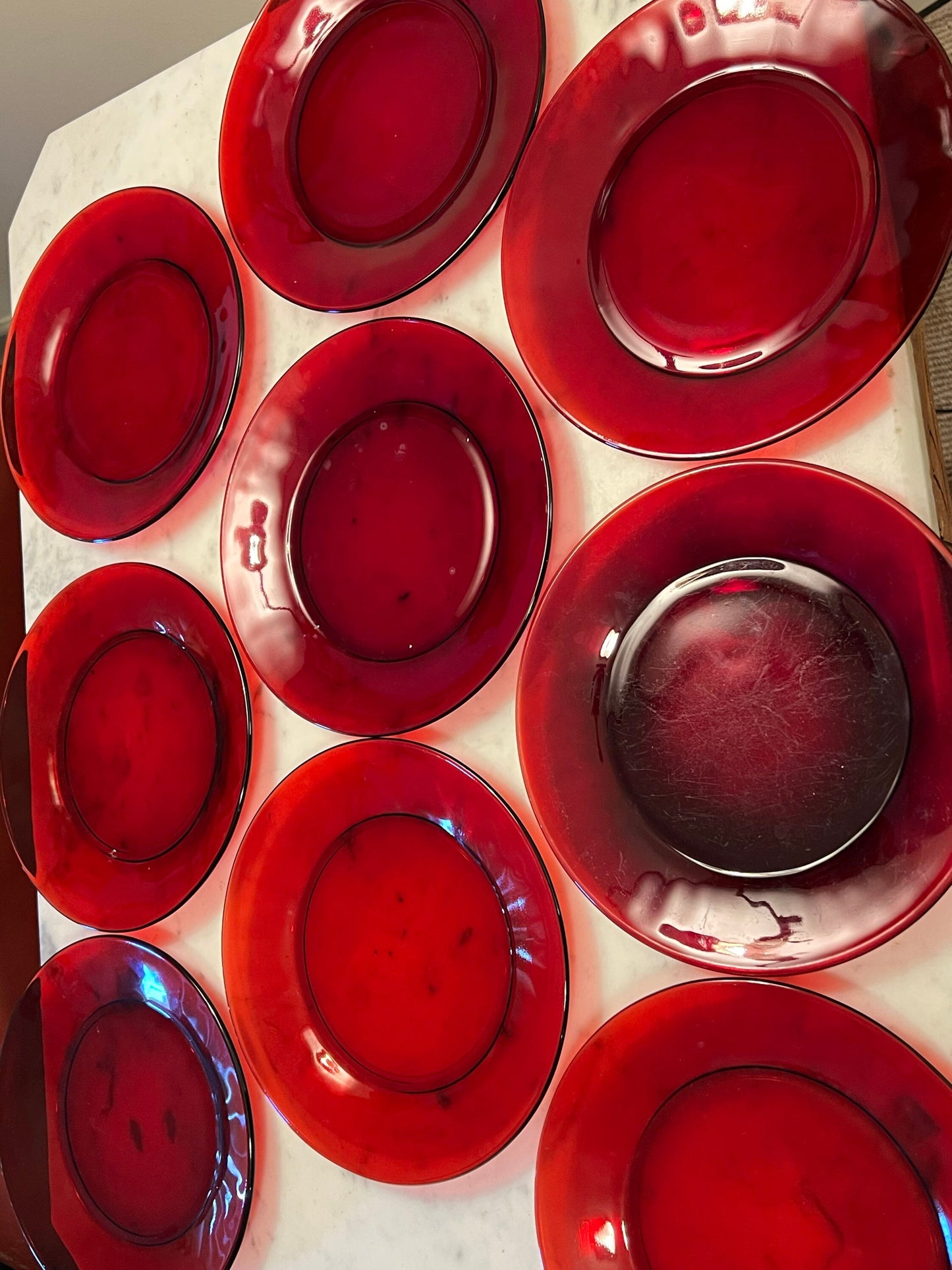 Vintage Ruby Red Set of 9 Lunch Plates, 7 3/4” Red Plates, Lover Antiques and Vintage