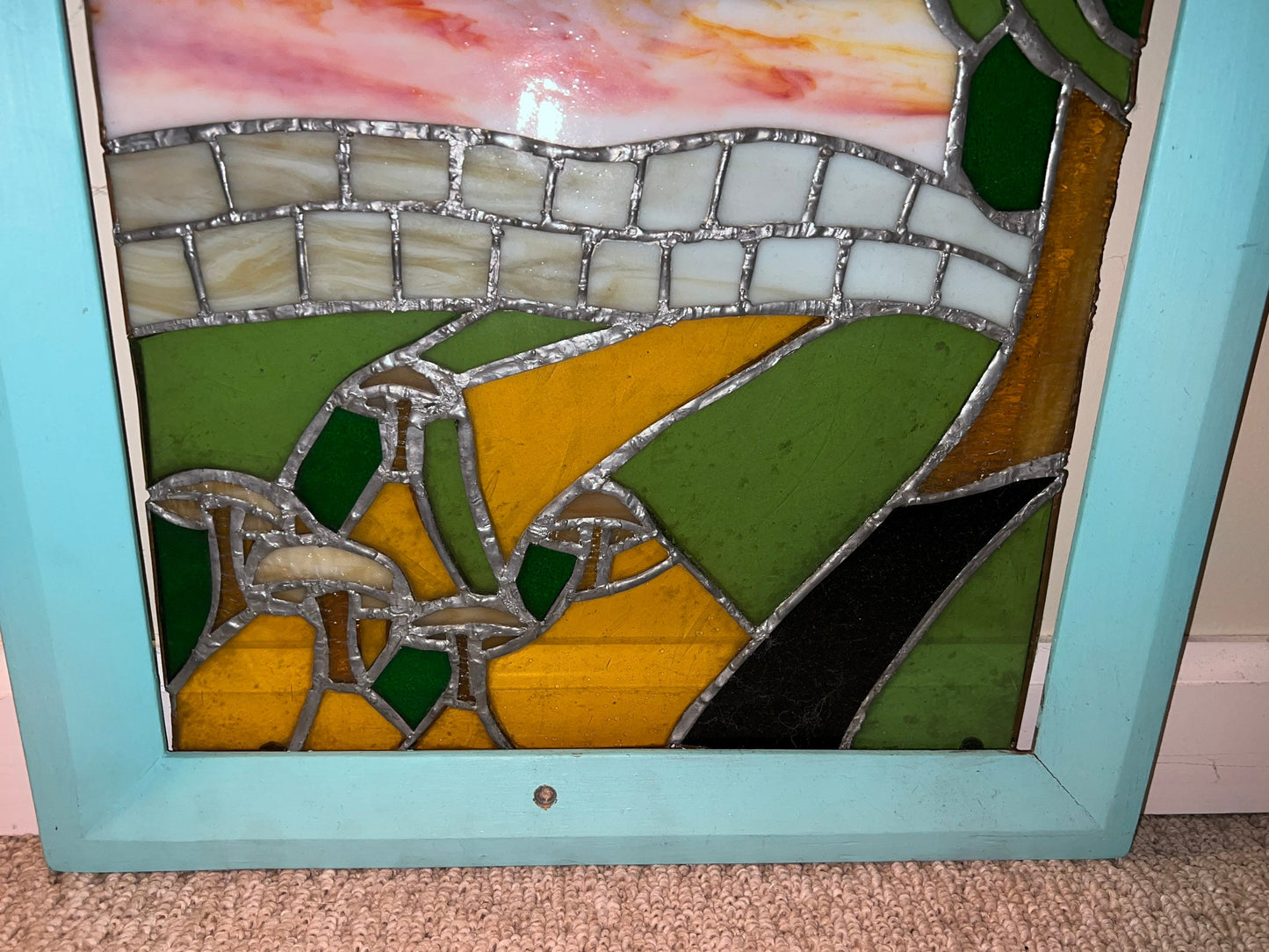 Vintage Mid Century Modern Stained Glass with Frame Unique Art Framed