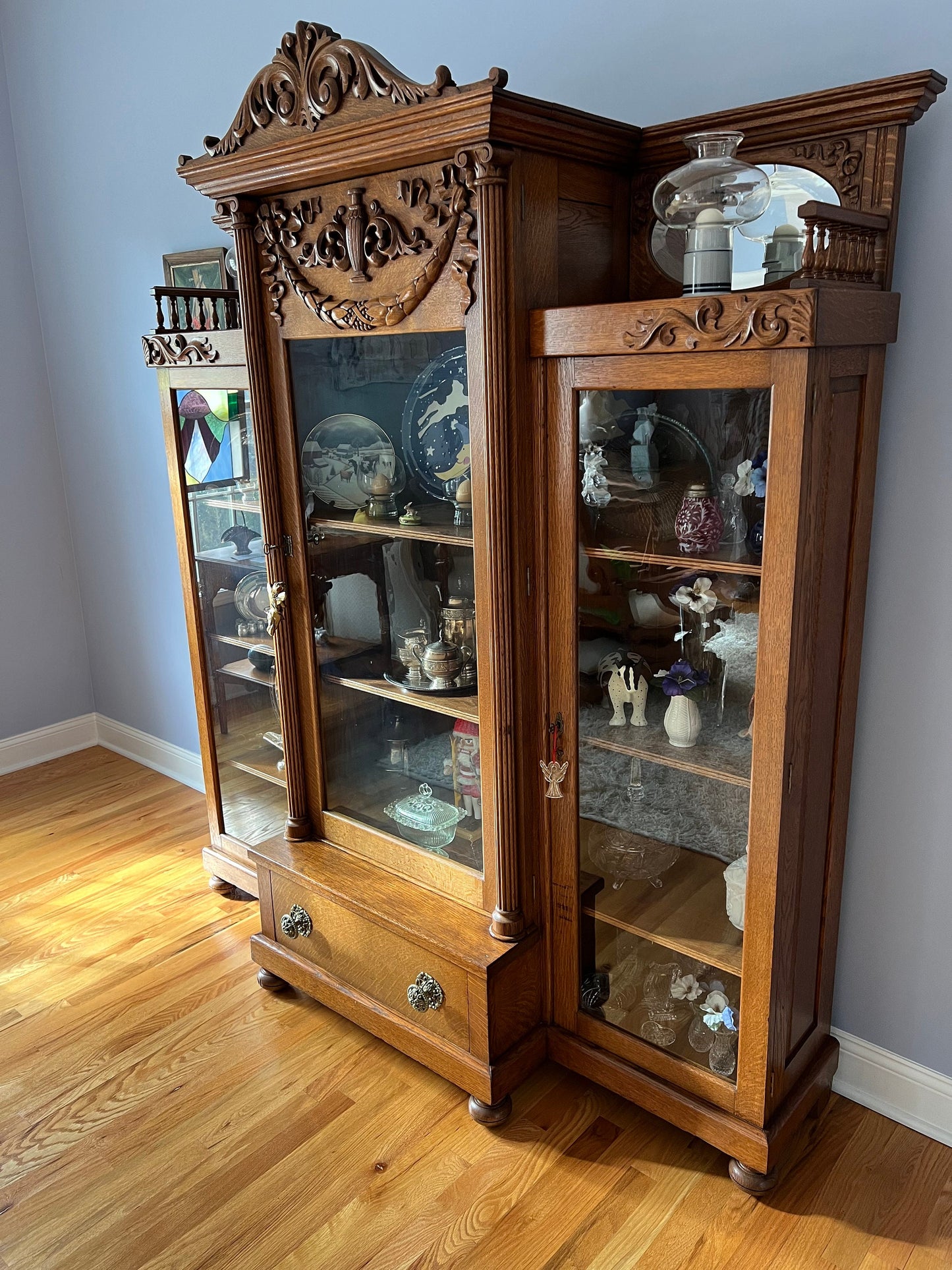 Antique Quarter Sawn Oak Triple Library Bookcase Early 1900’s Spectacular Piece Wavy Glass Bookshelf Lover Antiques and Vintage