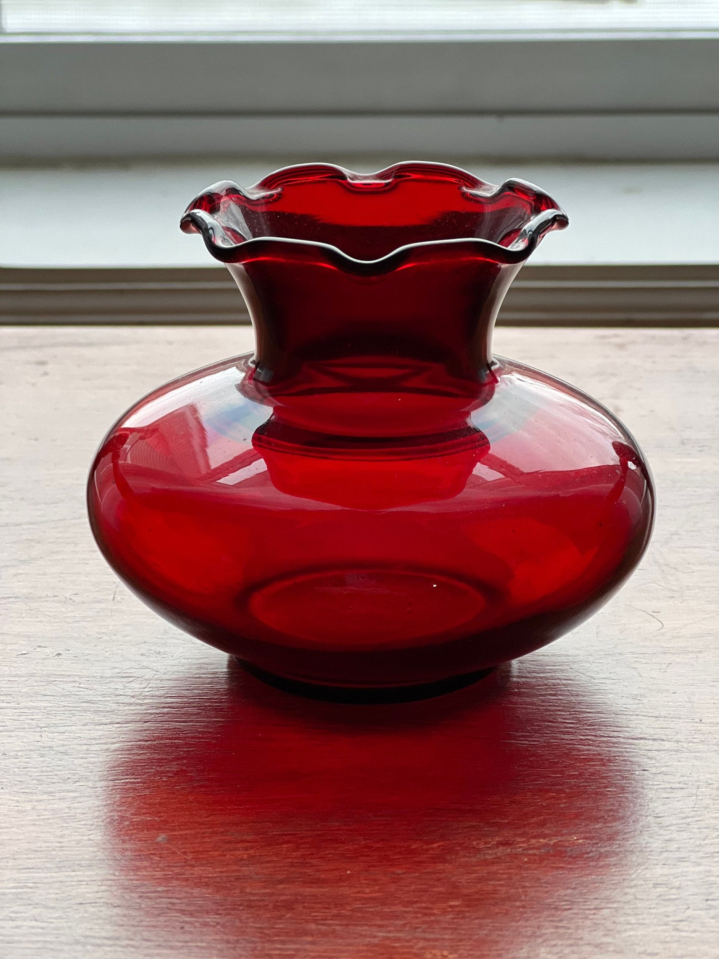 Vintage Small Ruby Red Royal Ruby Anchor Glass Ruffled Edge Flower Bud Vase