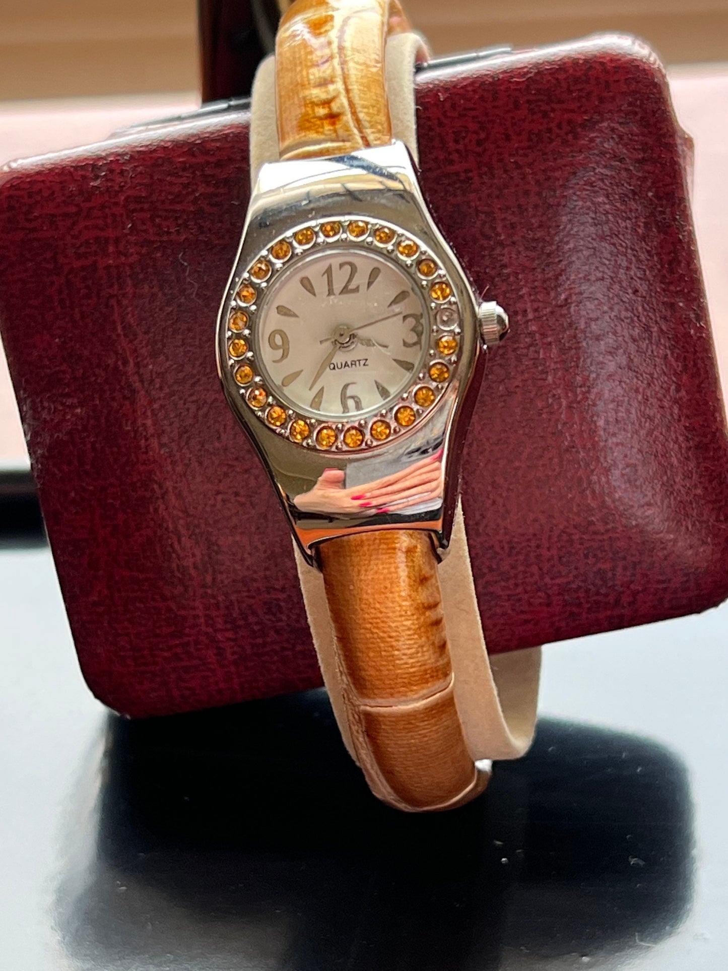 Vintage Women’s Silver & Amber Orange Gemmed Bangle Watch Mid Century Modern Lover Antiques and Vintage
