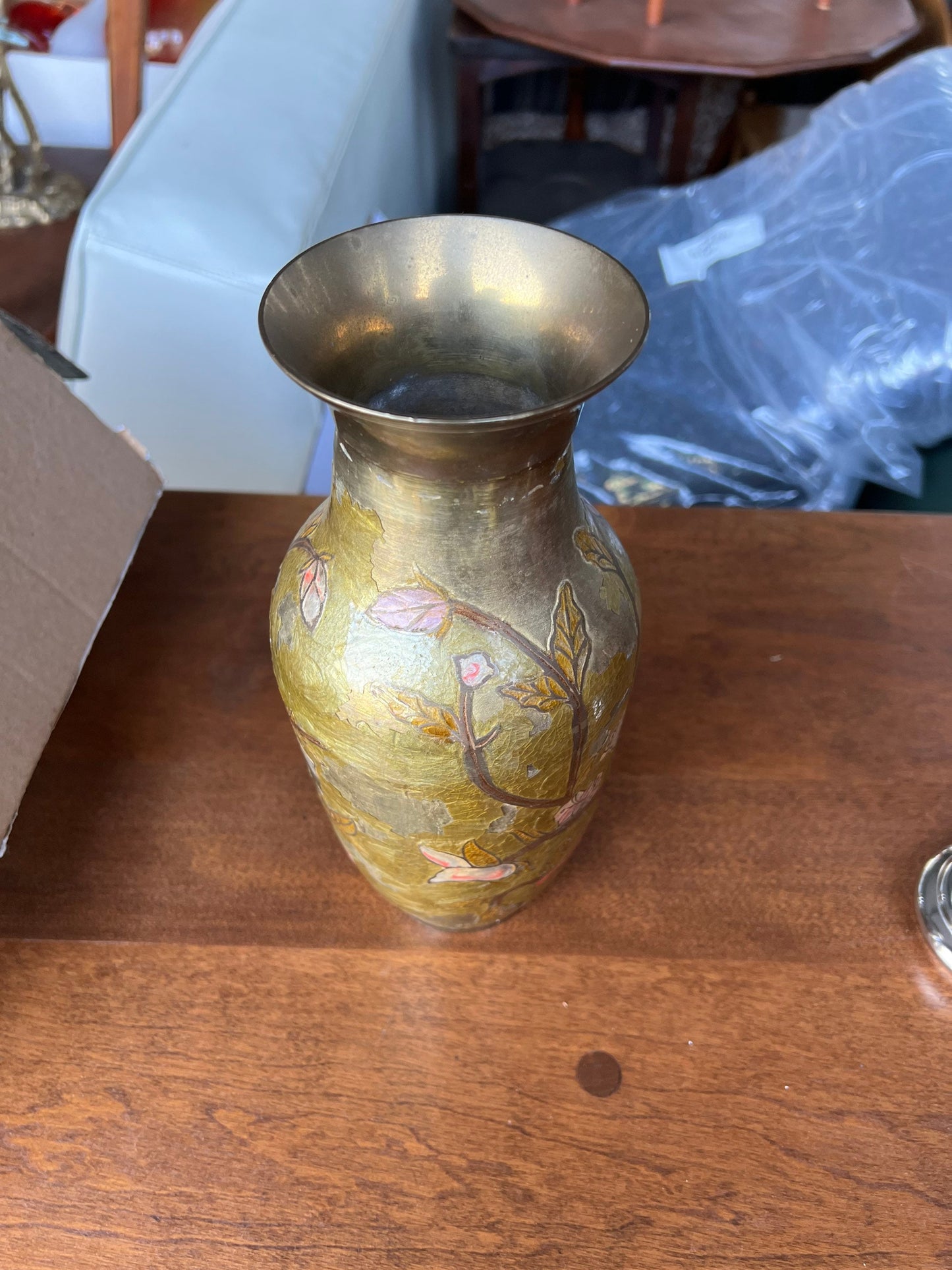 Antique chinese bronze vase hand painted and engraved with colorful birds on blooming tree