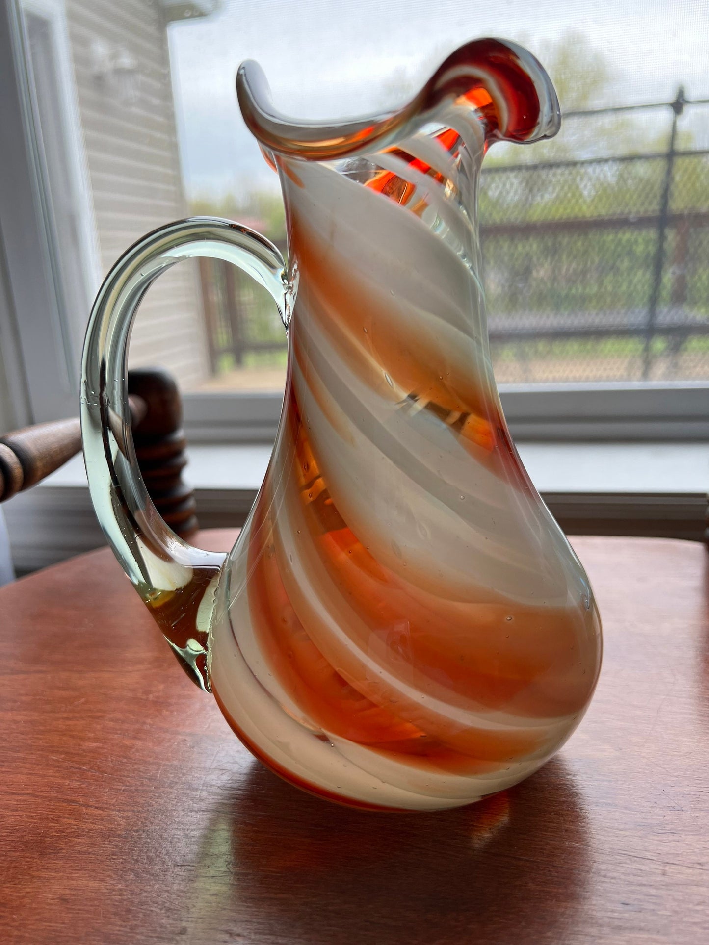 Vintage Amber Swirl Art Glass Pitcher with Artistic Handle Lover Antiques and Vintage