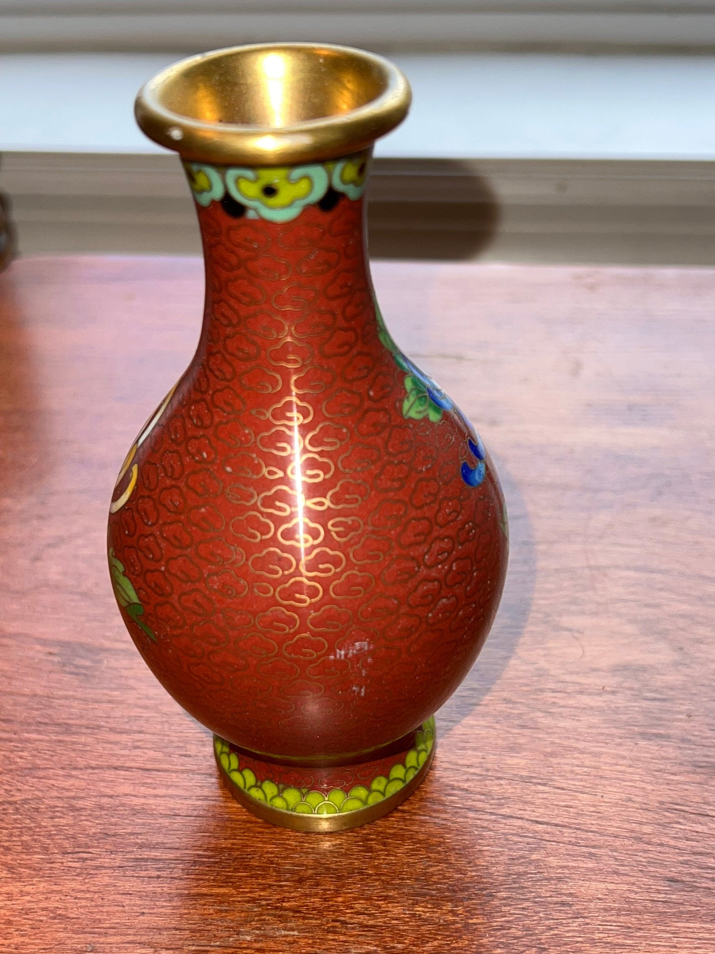 Vintage Cloisonné Vase brass and painted enamel 6” Red Green Blue Pink Flowers Lover Antiques and Vintage