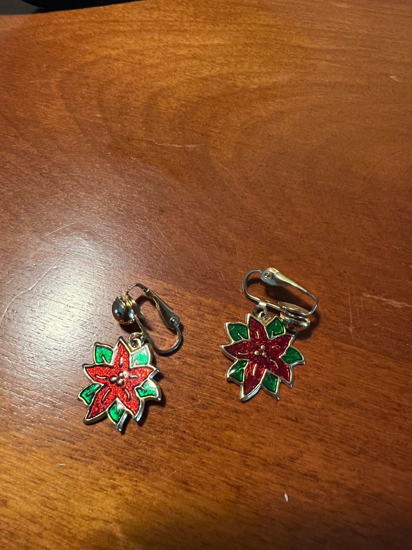 Vintage Poinsettia Enamel Red drop down clip on Earrings gold tone holidays Christmas flower earring jewelry