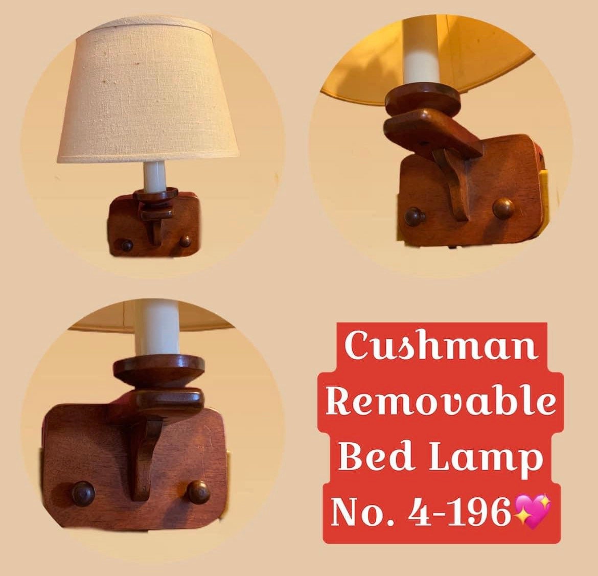 Cushman Colonial Creations Removable Bed Lamp 4-196 with original shade only made 1934-37, Lover Antiques and Vintage