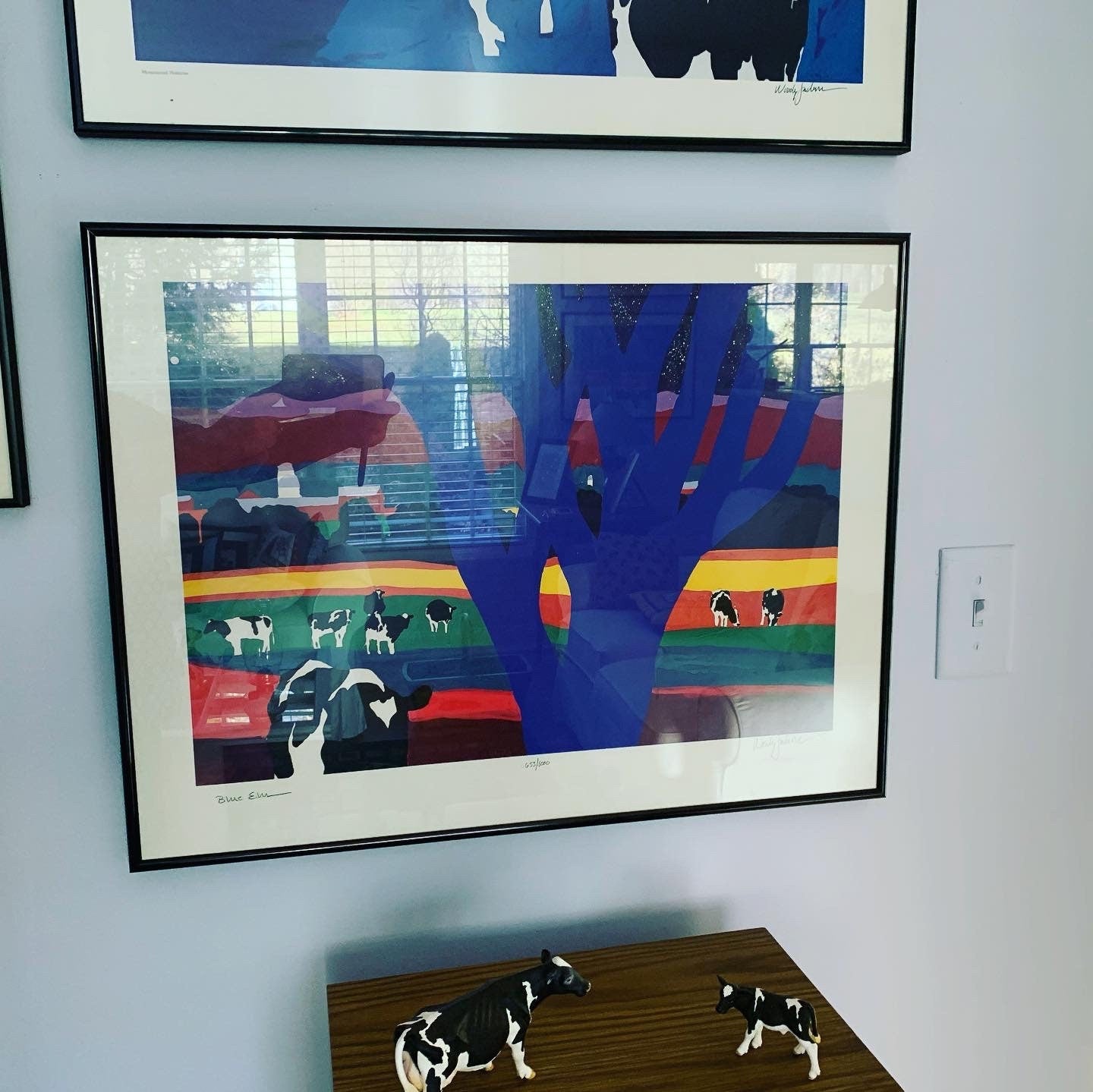 Vintage Woody Jackson Blue Elm Signed & Framed Cow Print Abstract Ben and Jerry artwork art Lover Antiques and Vintage