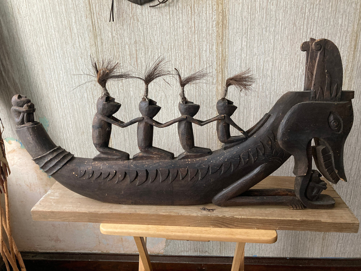 Vintage Hand Carved Dragon Boat with 6 Passengers Sculpture Wood Carving, Borneo Tribe Carving, Lover Antiques and Vintage