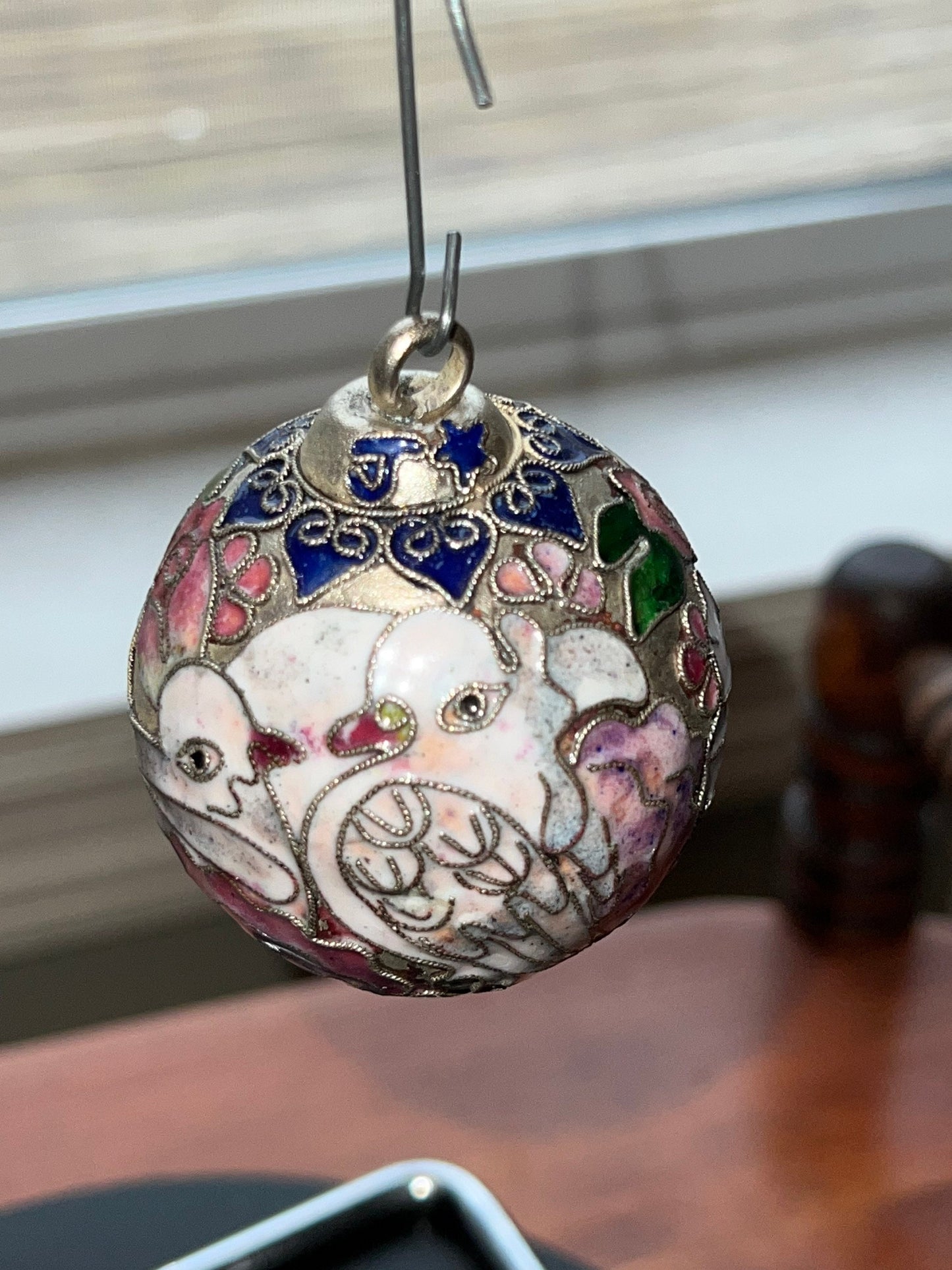 Vintage Cloisonné Christmas Holiday Round Ornament with Doves and Pink Flowers from NYCO Ornaments Silver Tone Lover Antiques and Vintage