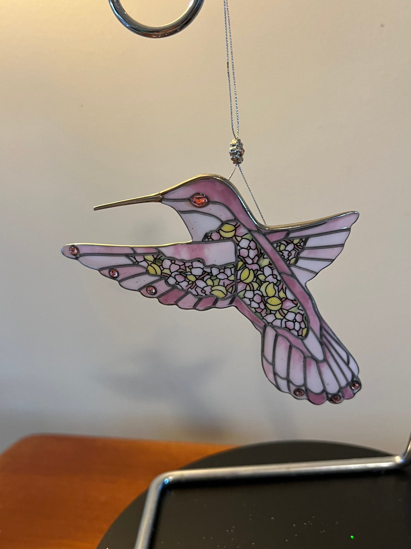 Vintage Hummingbird Stained Glass Art Sun Catcher pink bird