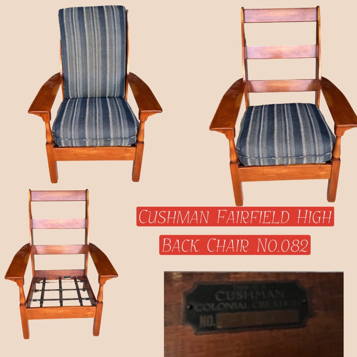 Cushman Mid Century Modern Fairfield High Back Chair No. 082, Chair with its original Cushions, Lover Antiques and Vintage
