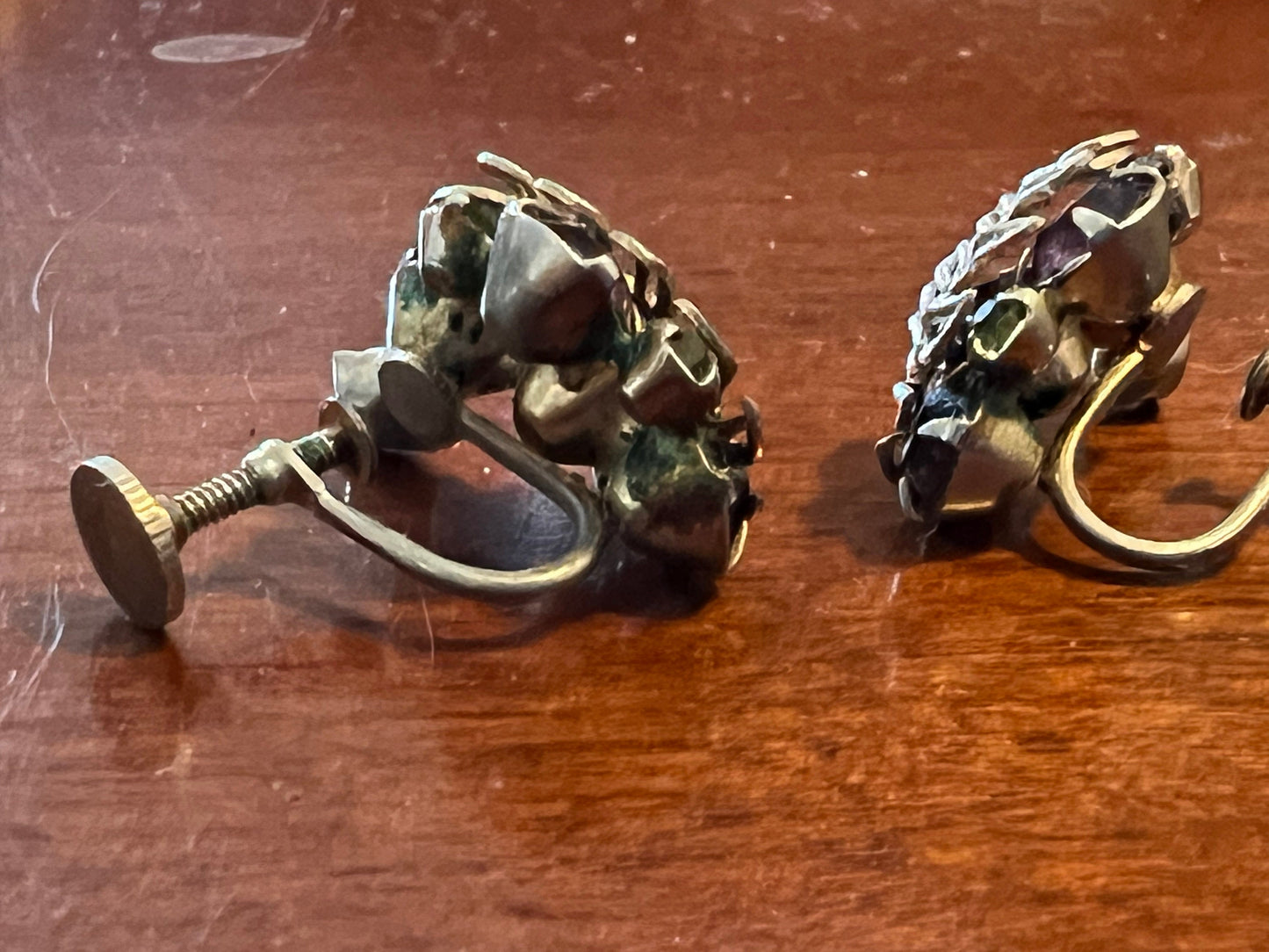 Vintage Silver Leaf with Stones Screw Back Earrings Purple Green Silver Stones