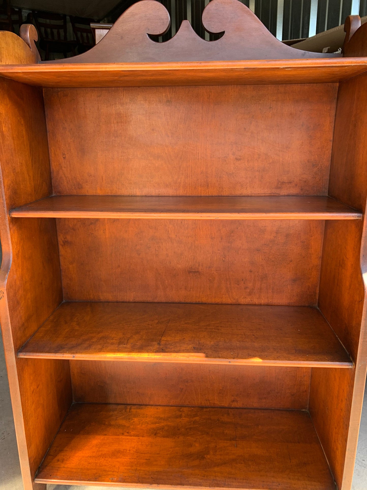 Antique Cushman Mahogany Spoon Foot Bookcase 4 Shelves Book Shelf with scrolled top created in 1929 Numbered