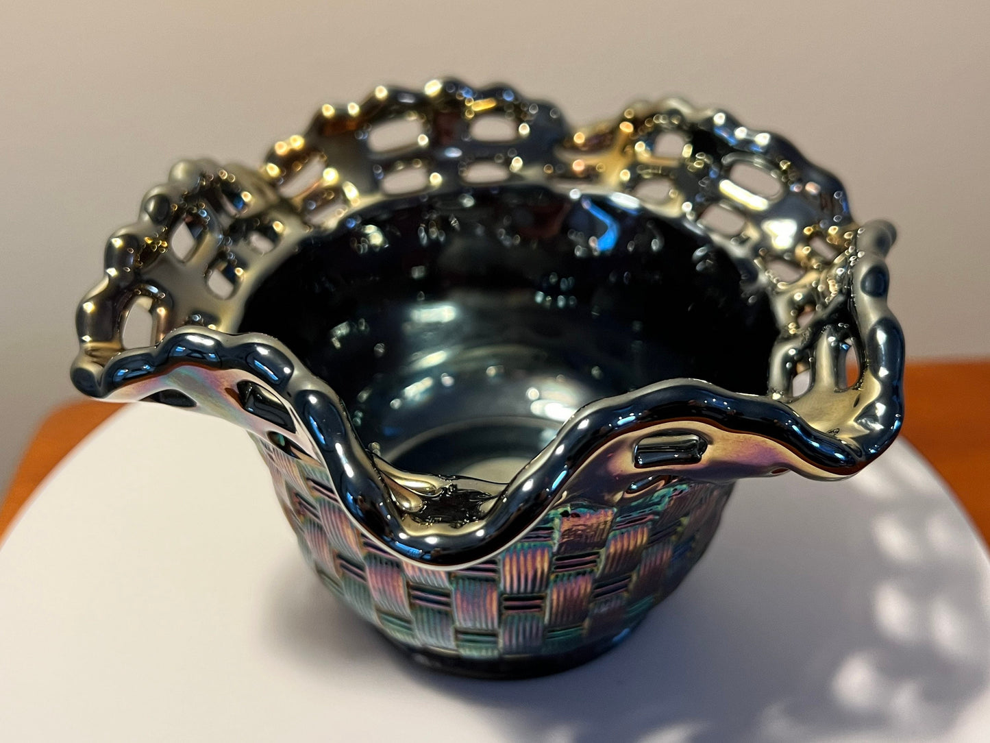 Vintage Fenton Iridescent Carnival Glass Wicker Woven Basket Bowl