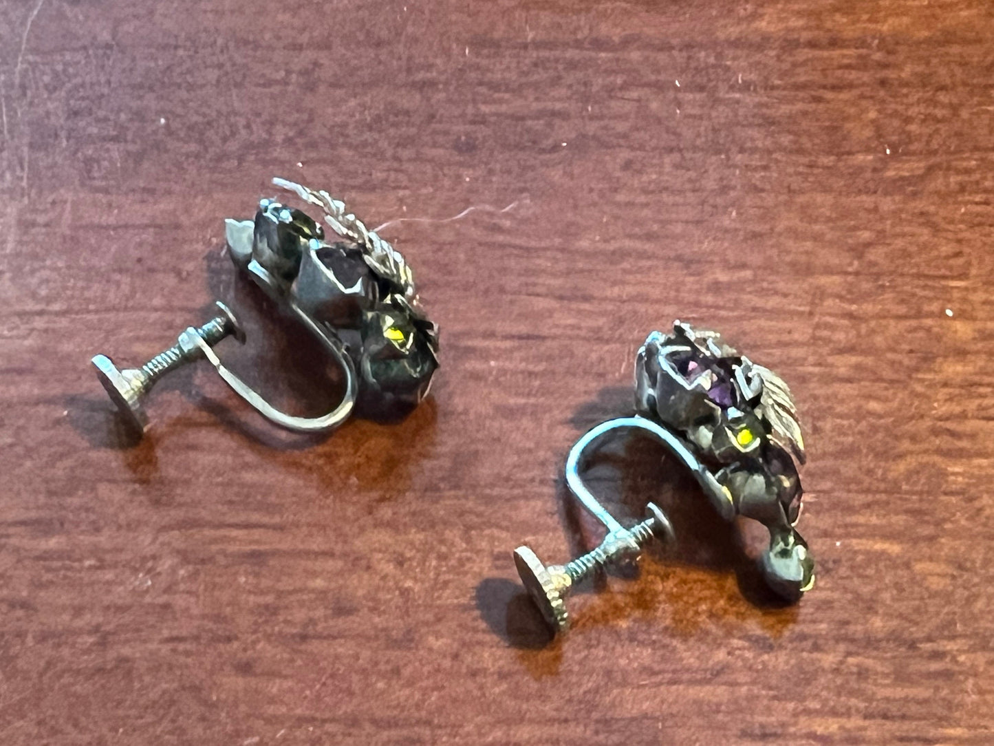 Vintage Silver Leaf with Stones Screw Back Earrings Purple Green Silver Stones
