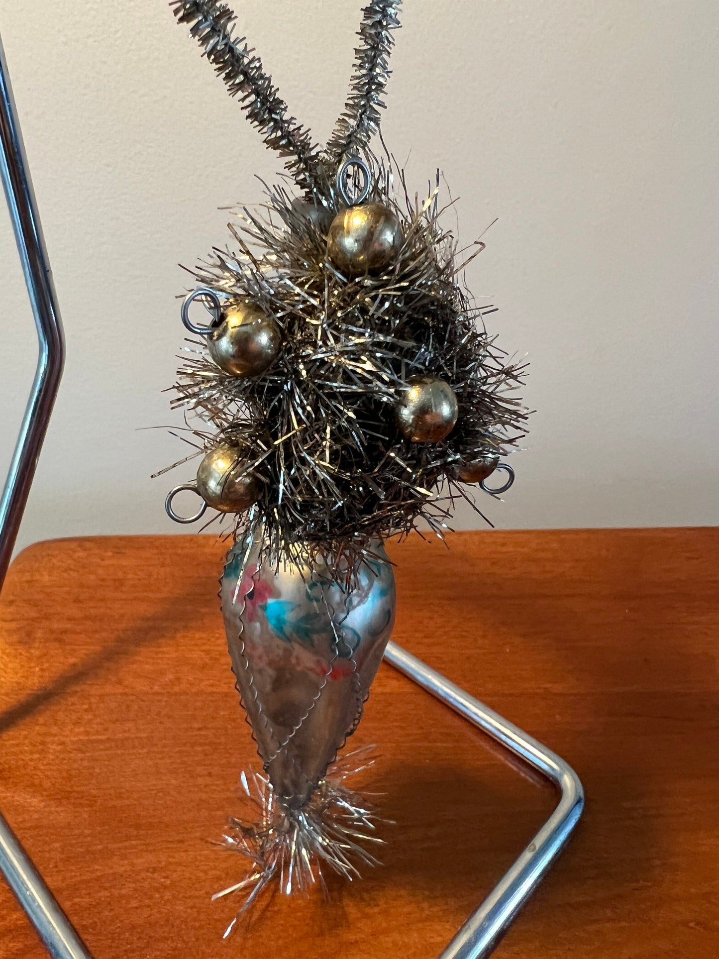 Antique Victorian Wire and Tinsel Wrapped Hand Painted Mercury Glass Ornament Old Ornaments
