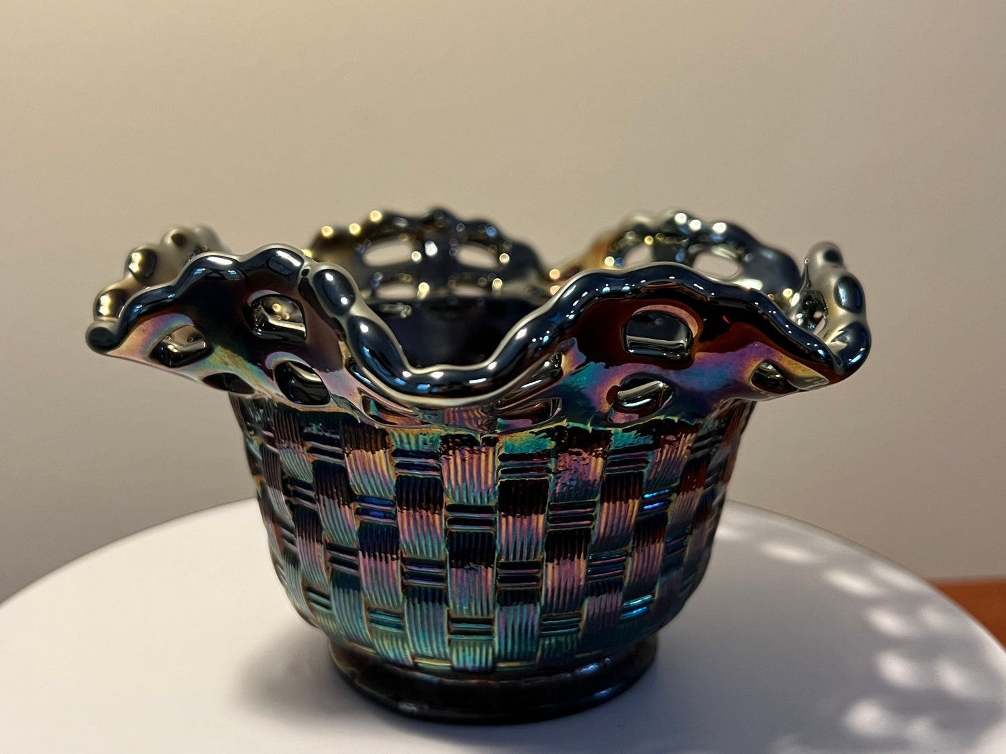 Vintage Fenton Iridescent Carnival Glass Wicker Woven Basket Bowl