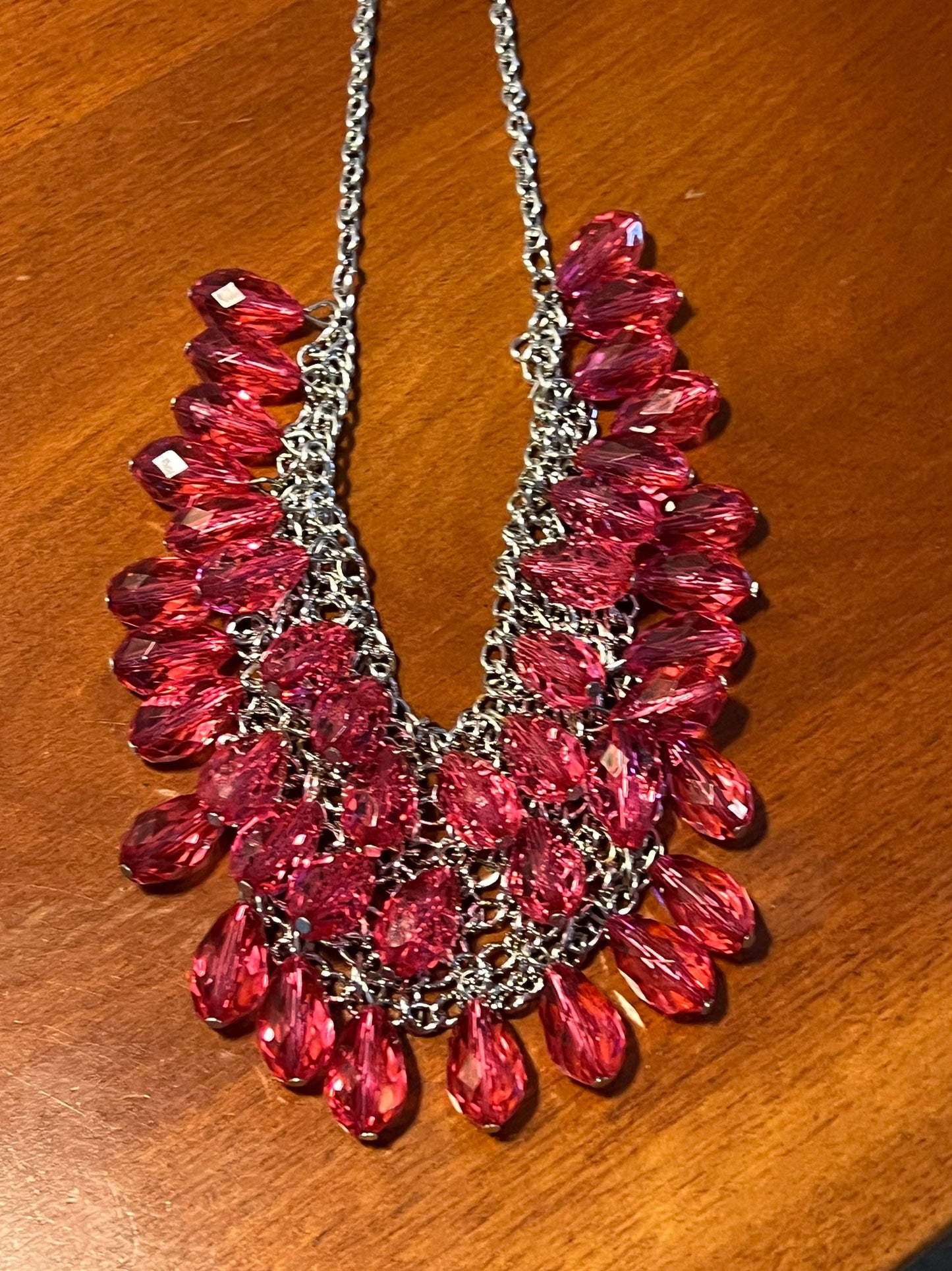 Vintage Bib Style Necklace With Pink Quart Dangling Shag Cha Cha Silver Chain Accents Jewelry Pretty Things Lover Antiques and Vintage