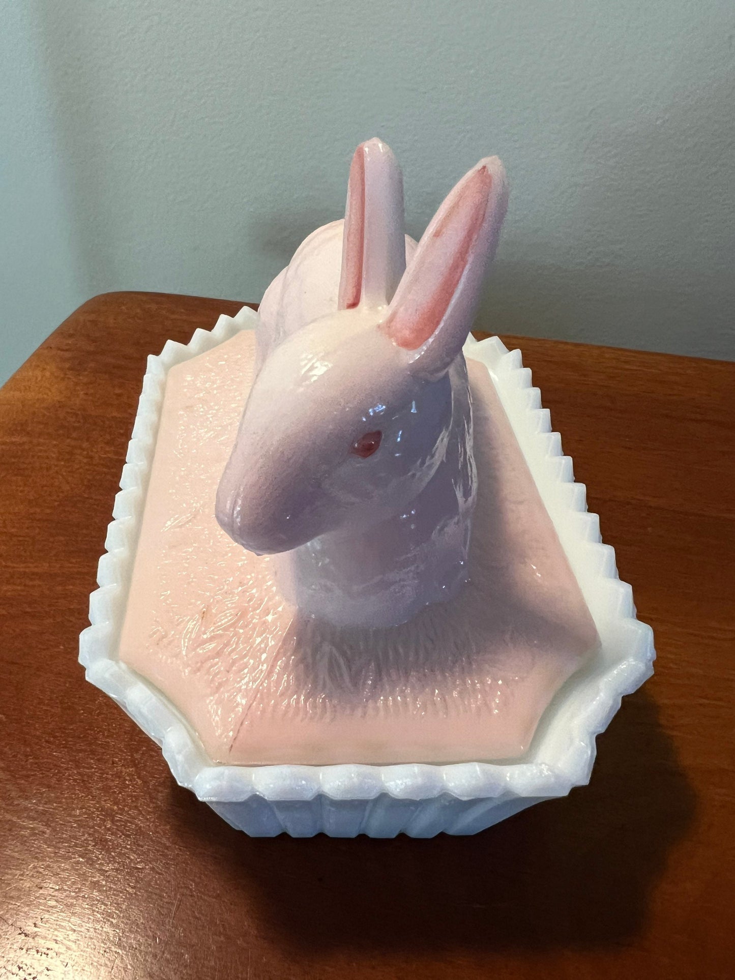 Vintage Westmoreland Hand Painted Pink Over White Milk Glass Nesting Bunny 2 Piece Trinket Box Dish Glass Art Lover Antiques and Vintage