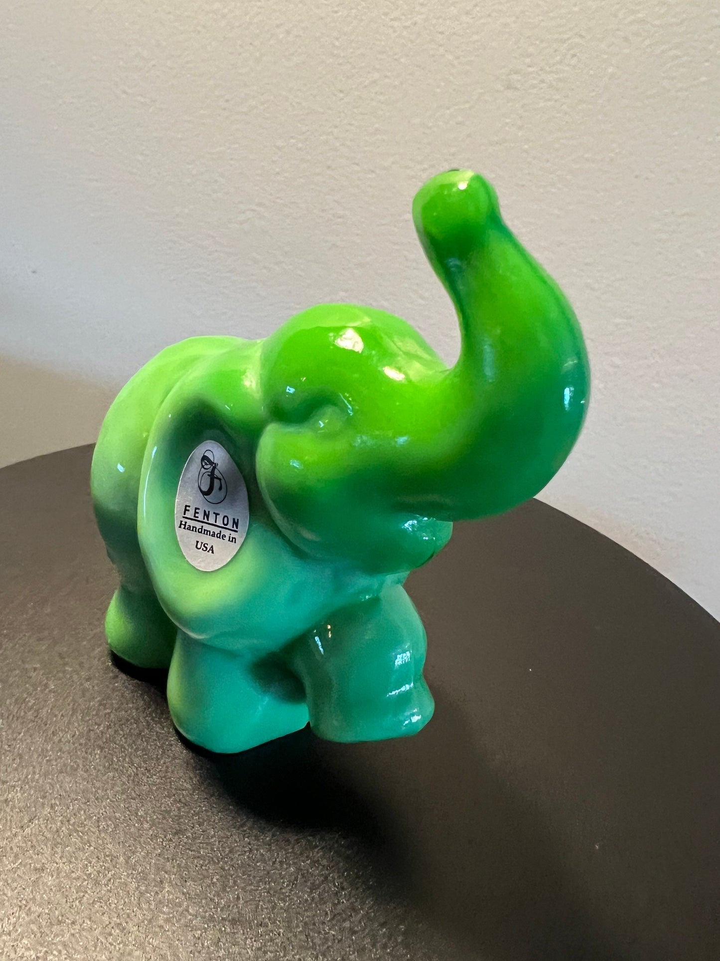 Vintage Green Slag Fenton Elephant Trunk Up Lucky Art Glass figurine figure animal paperweight glass art animals Lover Antiques and Vintage