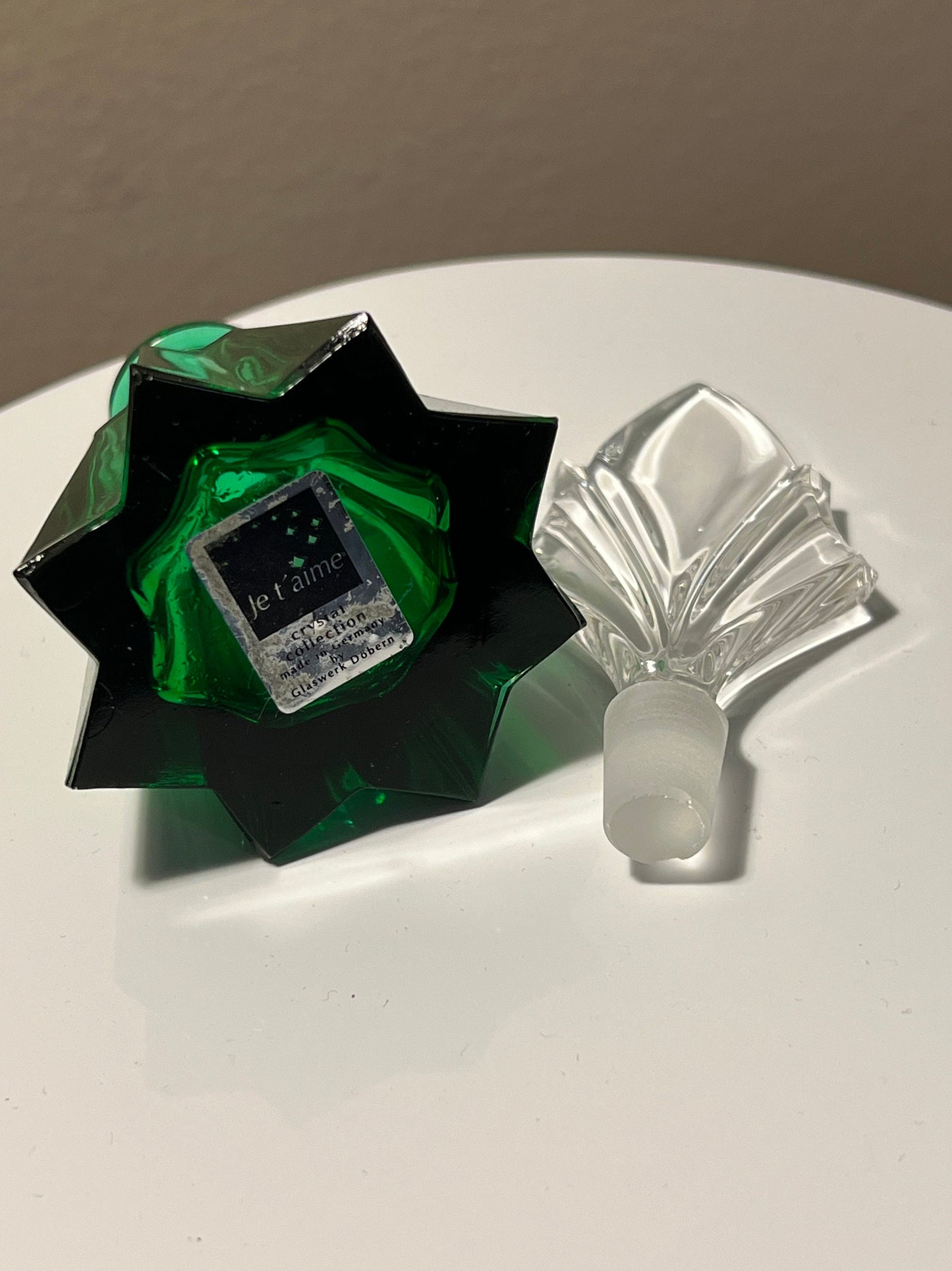Vintage Je t’aime Green Crystal Collection Made in Germany by Glaswegian Doberman Perfume Bottle Etched Glass Stopper Top Glass Art Deco