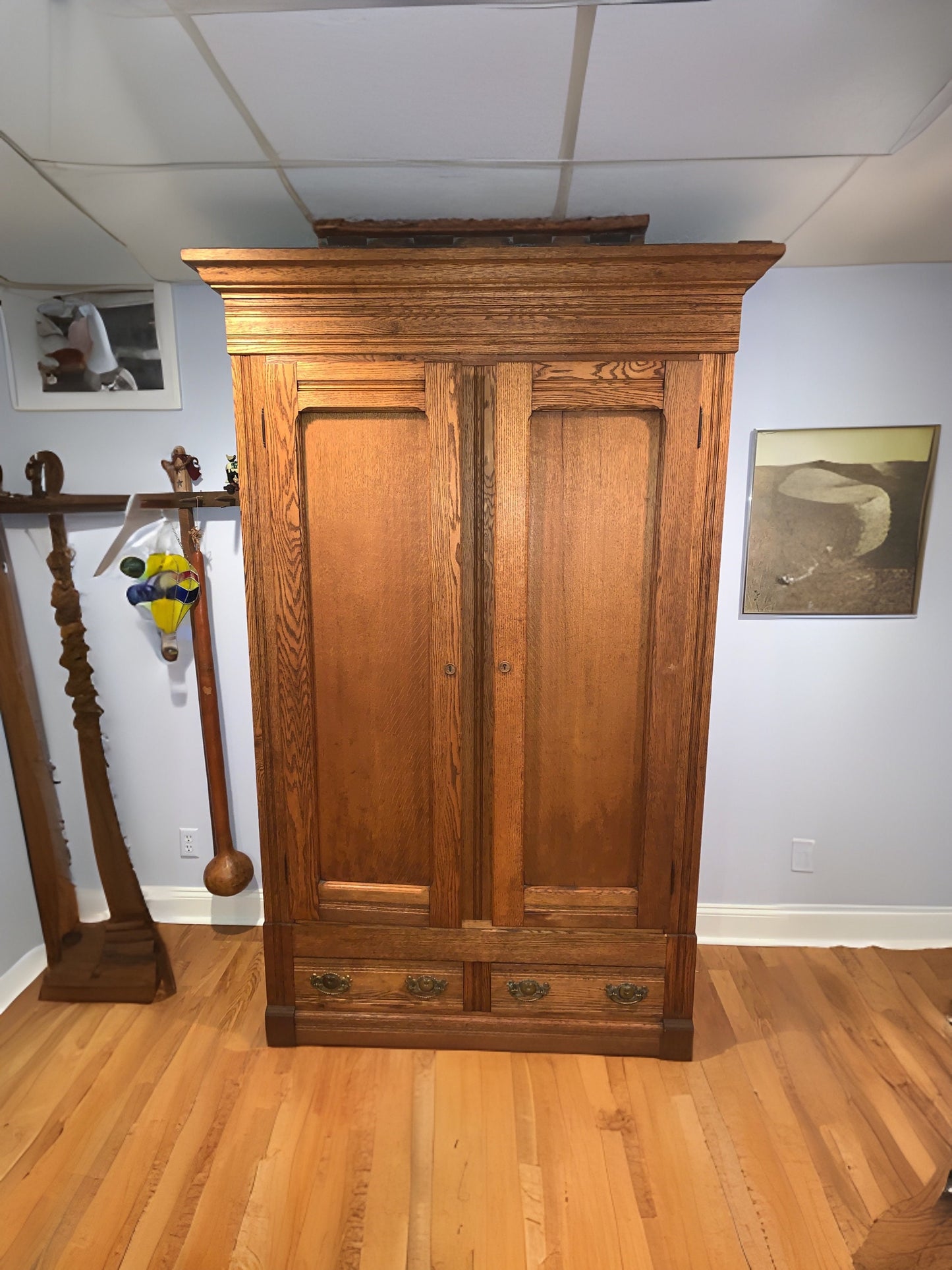 Antique Oak Eastlake Armoire Closet Double Door Tall Wardrobe Clothing Display Large Cabinet Lover Antiques and Vintage