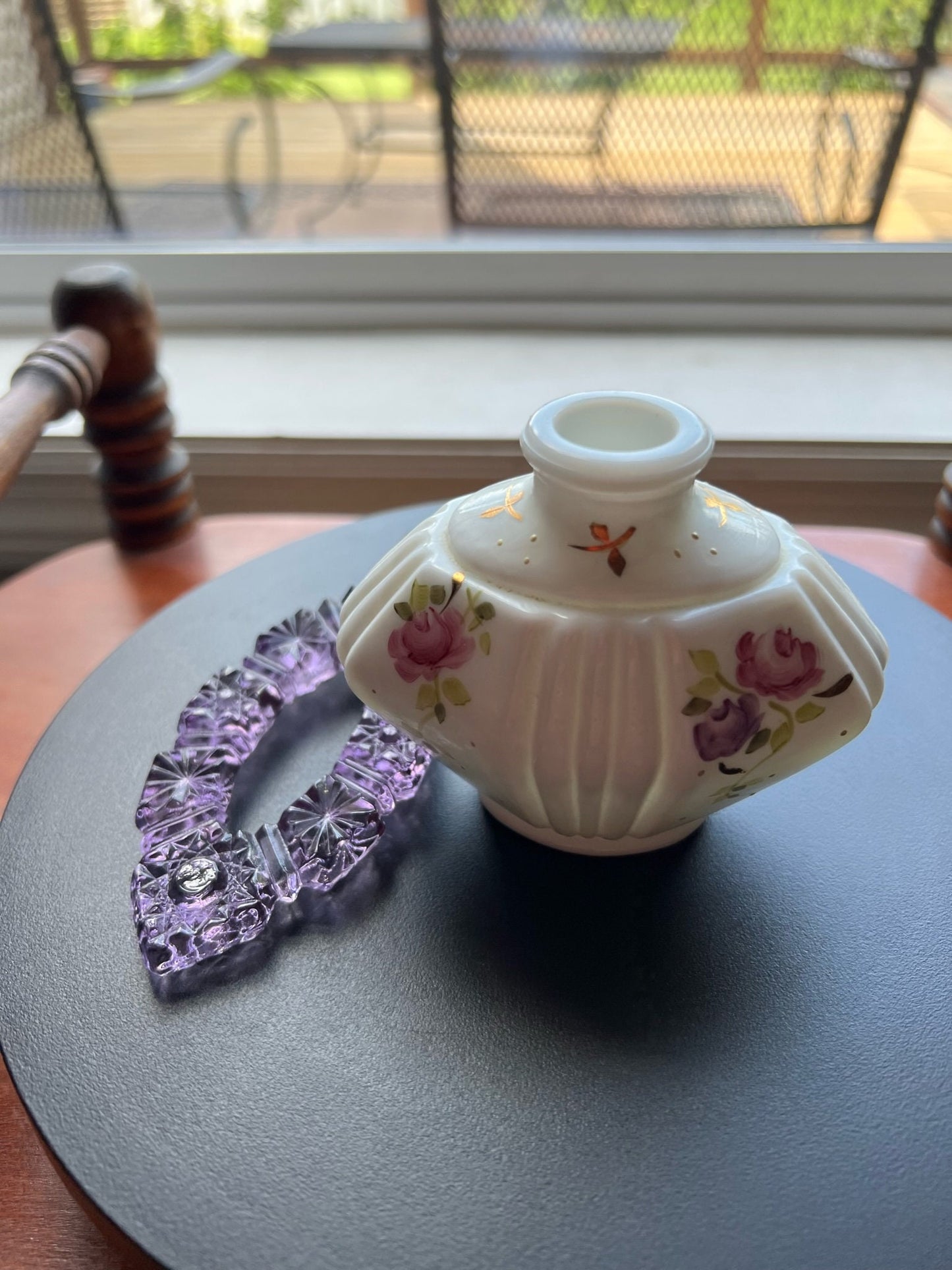 Vintage Fenton Charleton Perfume Bottle with Etched Stopper Hand Painted by L. Everson Ruffled Vase Lover Antiques and Vintage