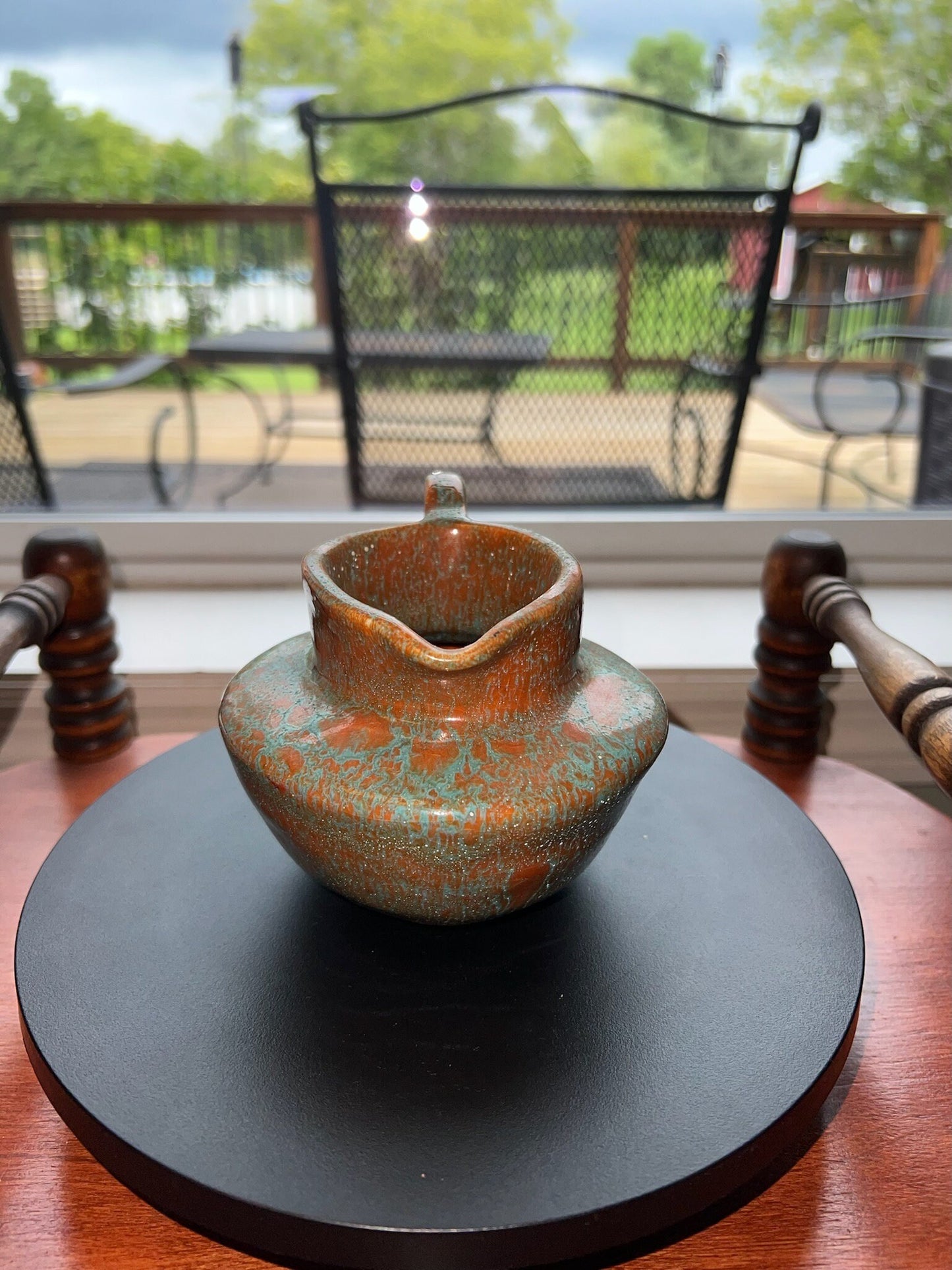 Vintage Hand Dripped Glazed Pottery Pitcher Jug with Handle Green & Brown Rust Lover Antiques and Vintage