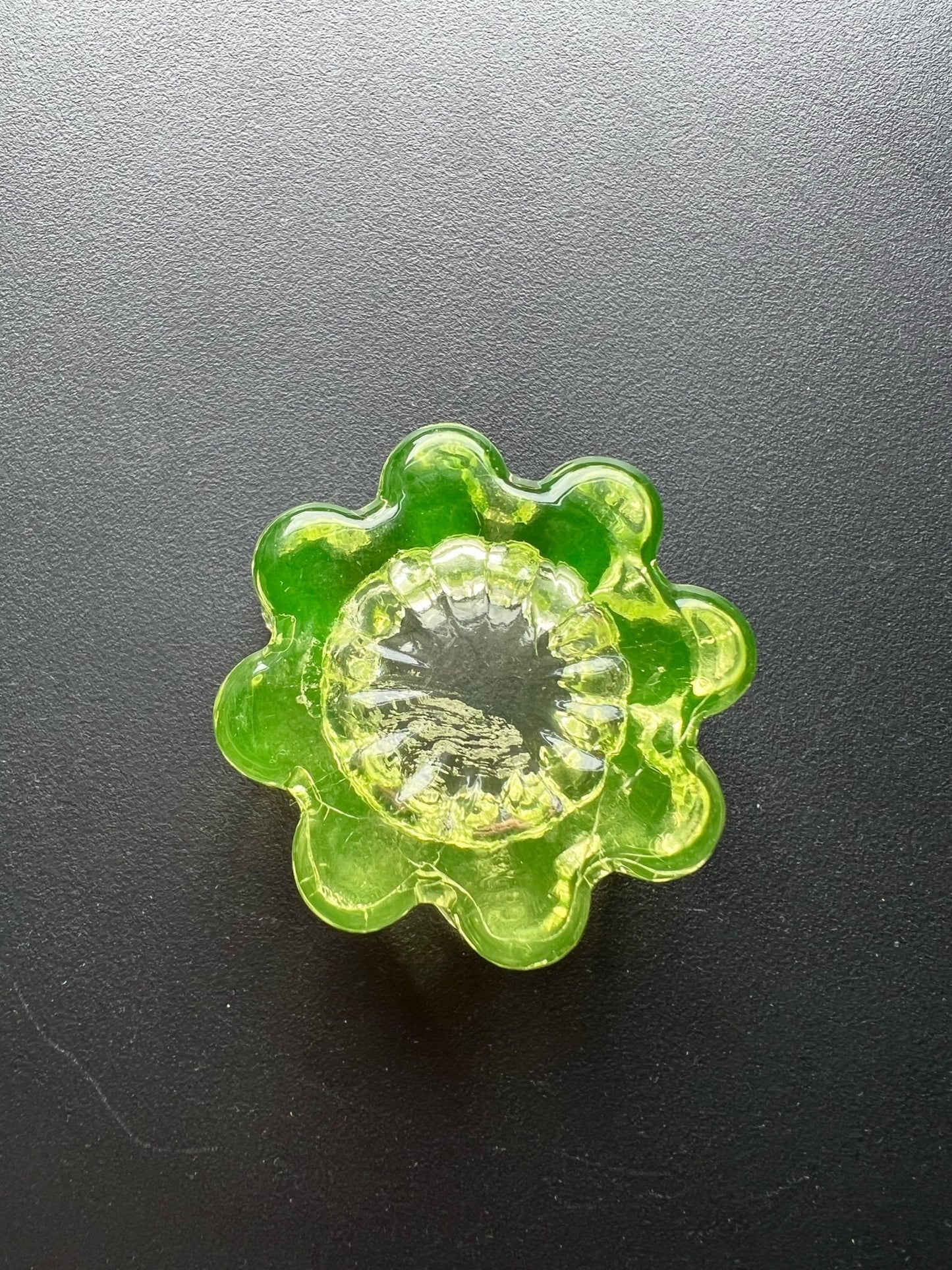 Vintage Yellow Green Flower Salt Dish Vaseline Glows Mini Cut Glass Figurine Uranium Toothpick Holder, Container Lover Antiques and Vintage