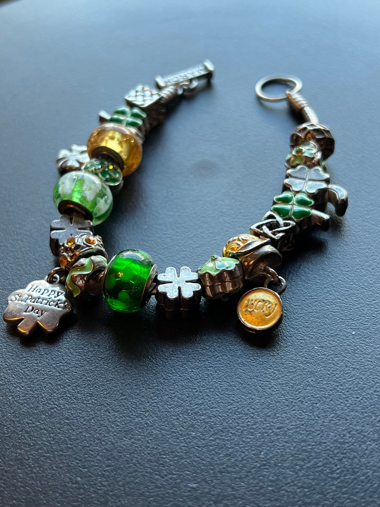 Lucky March Charm bracelet, Green Bracelet, Willabee and Ward, 4 Leaf Clover, Luck, Jewelry Charms, Beads, Lover Antiques and Vintage