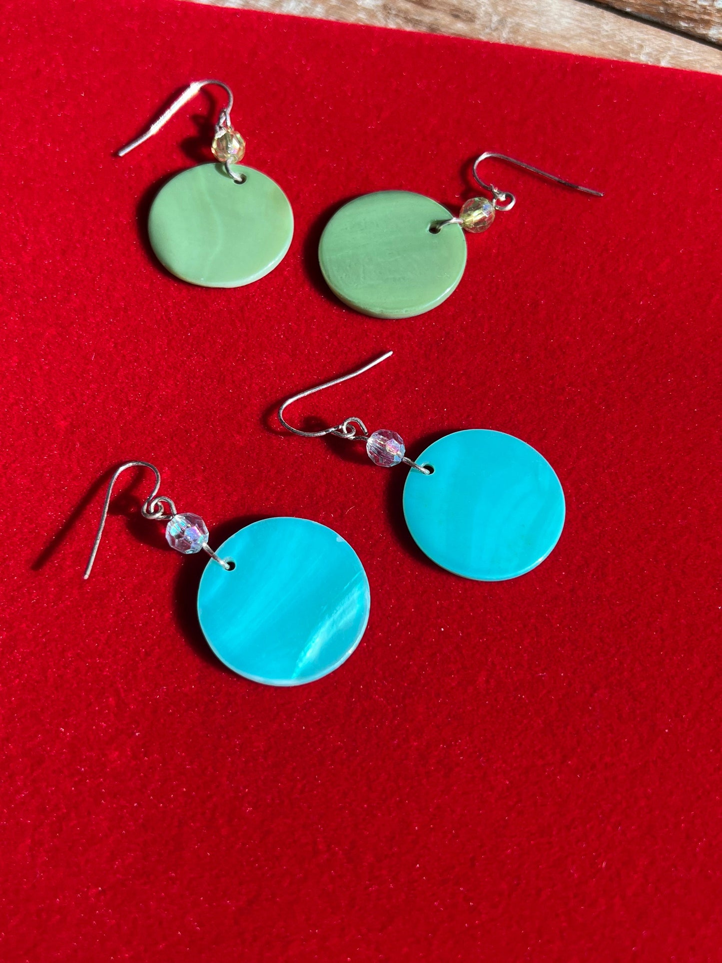 Vintage Blue Circle Opalescent and Green Hoop Earrings, Jewelry, 2 pair of Earrings, Lover Antiques and Vintage