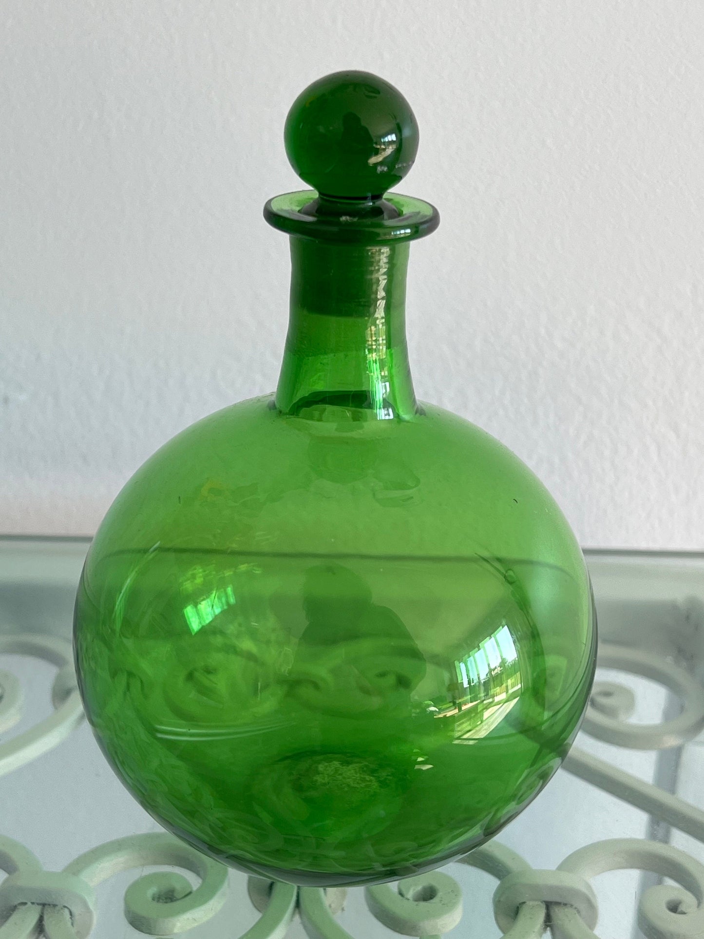 Vintage Emerald Green Glass Bottle with Stopper, Green Glass Decanter, Lover Antiques and Vintage