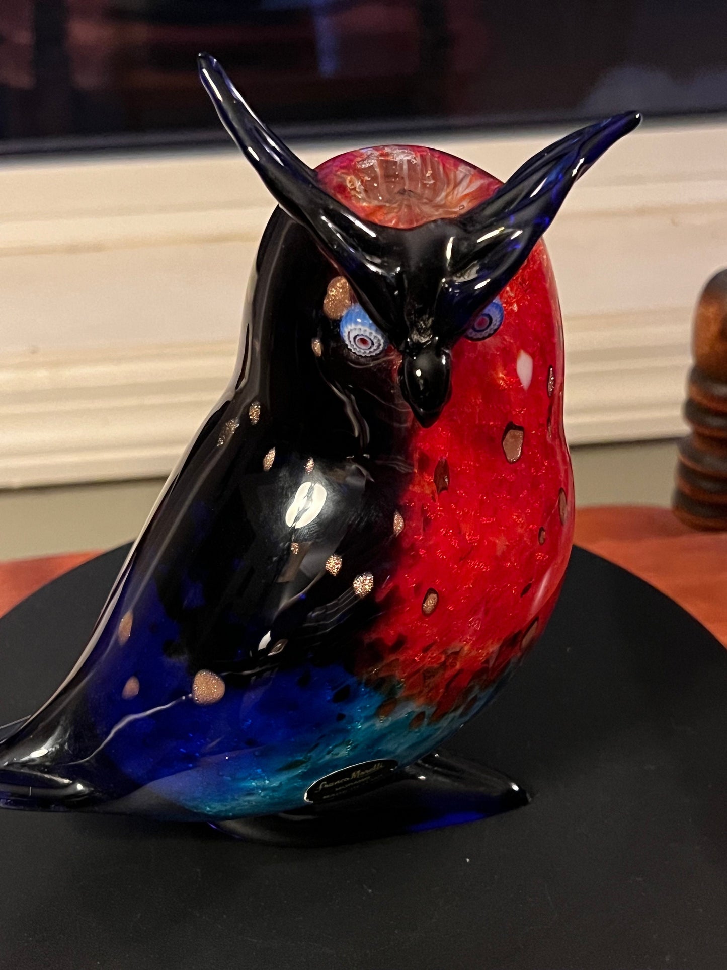 Vintage Murano Owl, signed by Franco Moretti Blue Red and Gold Sculpture, Owl Figurine, Art Glass, Lover Antiques and Vintage