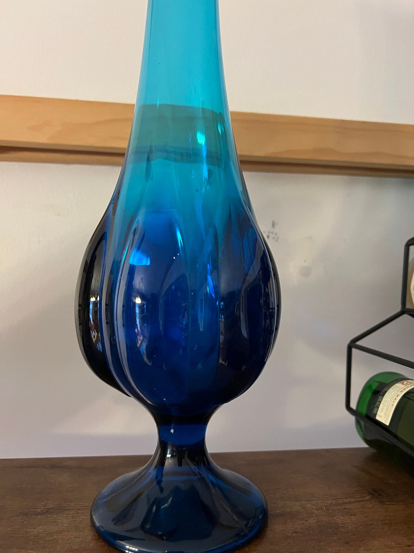Vintage Viking Epic Blue Swung Vase, Blue Swung Glass Vase, Viking Blue Vase with Pedestal, Lover Antiques and Vintage