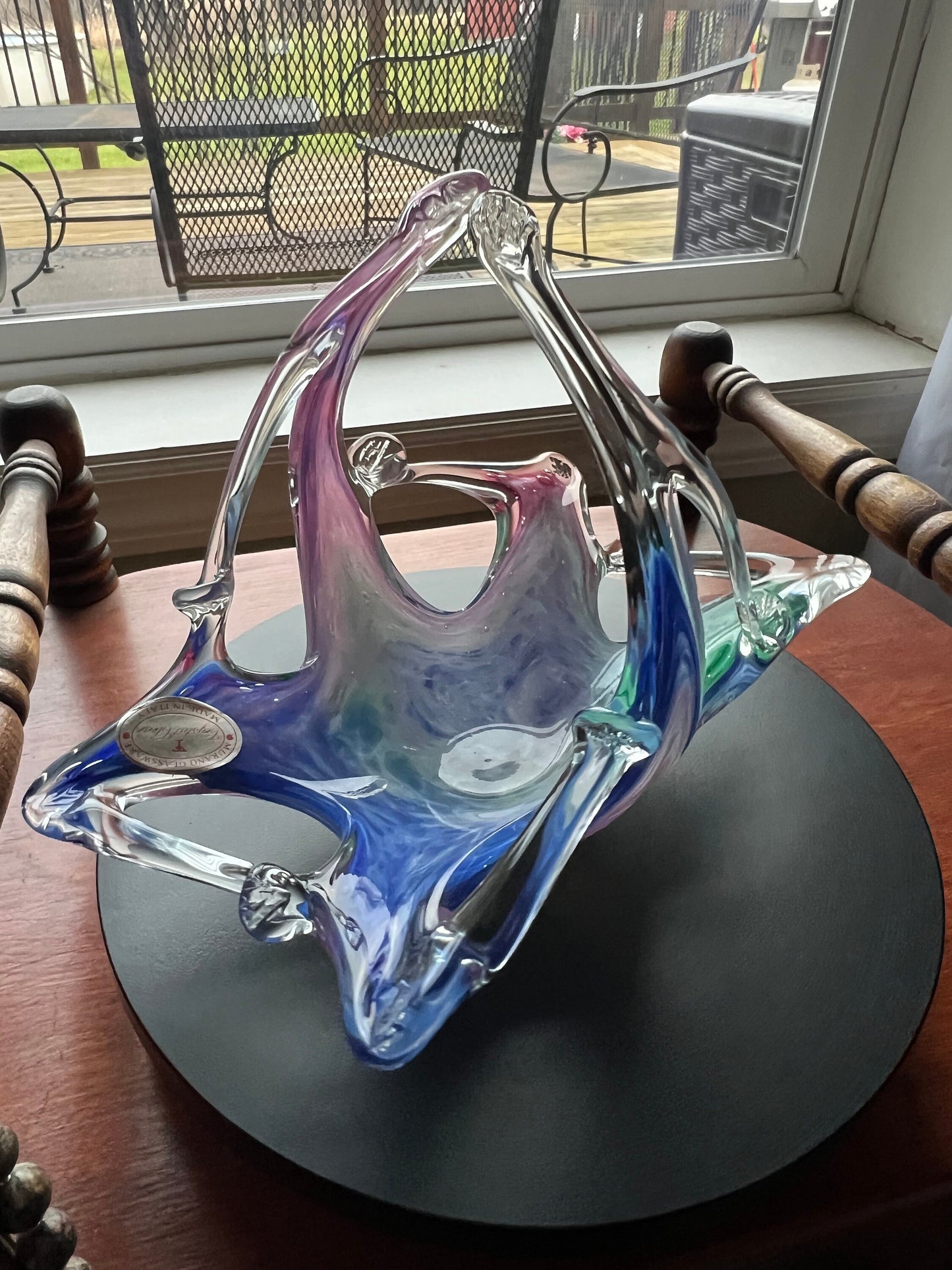 Vintage Murano Glassware Crystal Clear Made in Italy, Lavorazione, Blown Glass Bowl, Murano Large Basket, Blue Pink Green Art Glass
