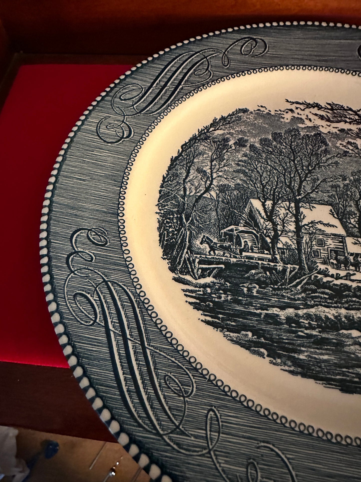 Vintage Currier & Ives Royal China Americana Blue Plate Royal-Ironstone Plate Lover Antiques and Vintage