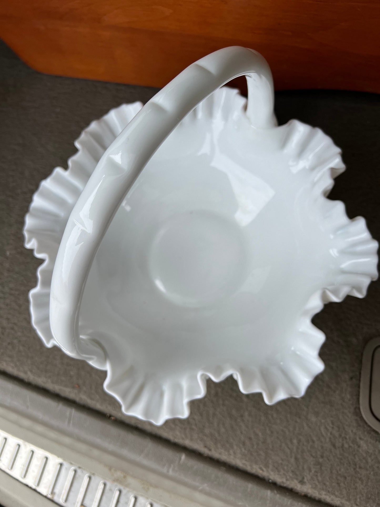 Fenton Large White Hobnail Ruffled Milk Glass Basket, White Fenton Large Basket, Ruffled Art Glass, Lover Antiques and Vintage