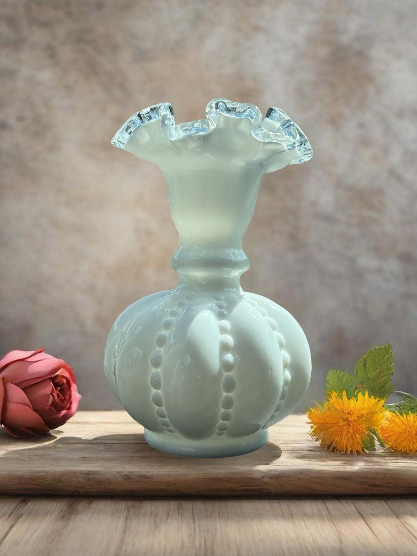 Vintage Fenton Silvercrest Beaded Melon Vase, Fenton White Milk Glass Vase, Lover Antiques and Vintage