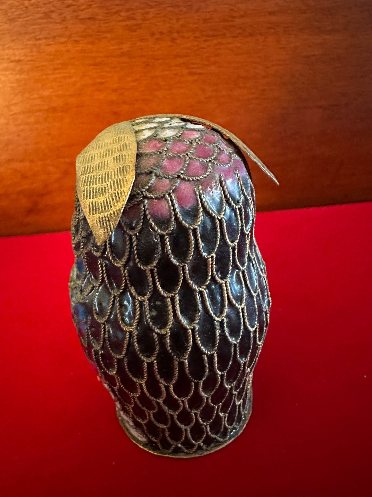 Vintage Cloisonné Brass Enameled Owl Statue with Gold Top, Red Blue Gold Enameled Owl Figurine, Lover Antiques and Vintage