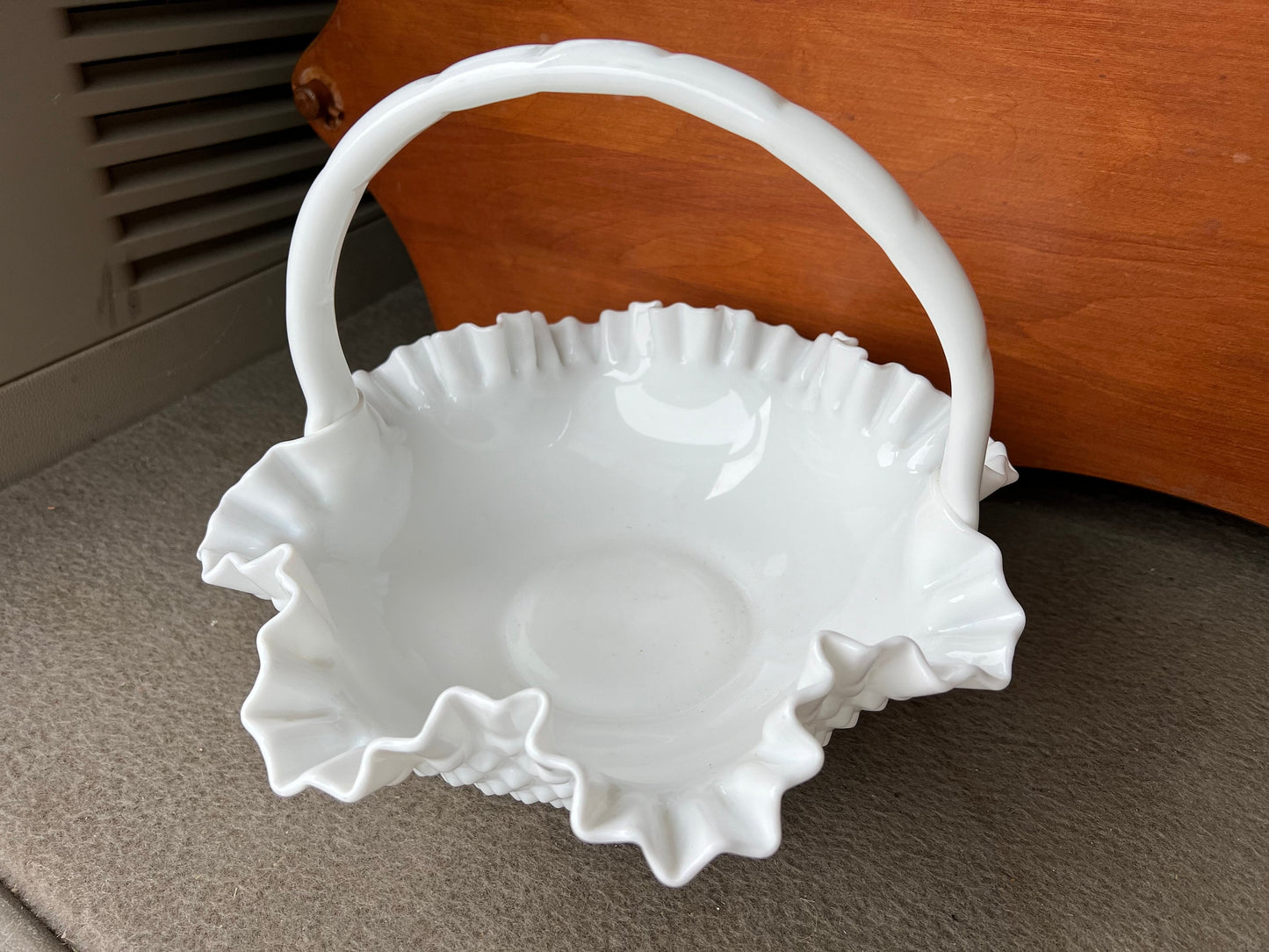 Fenton Large White Hobnail Ruffled Milk Glass Basket, White Fenton Large Basket, Ruffled Art Glass, Lover Antiques and Vintage