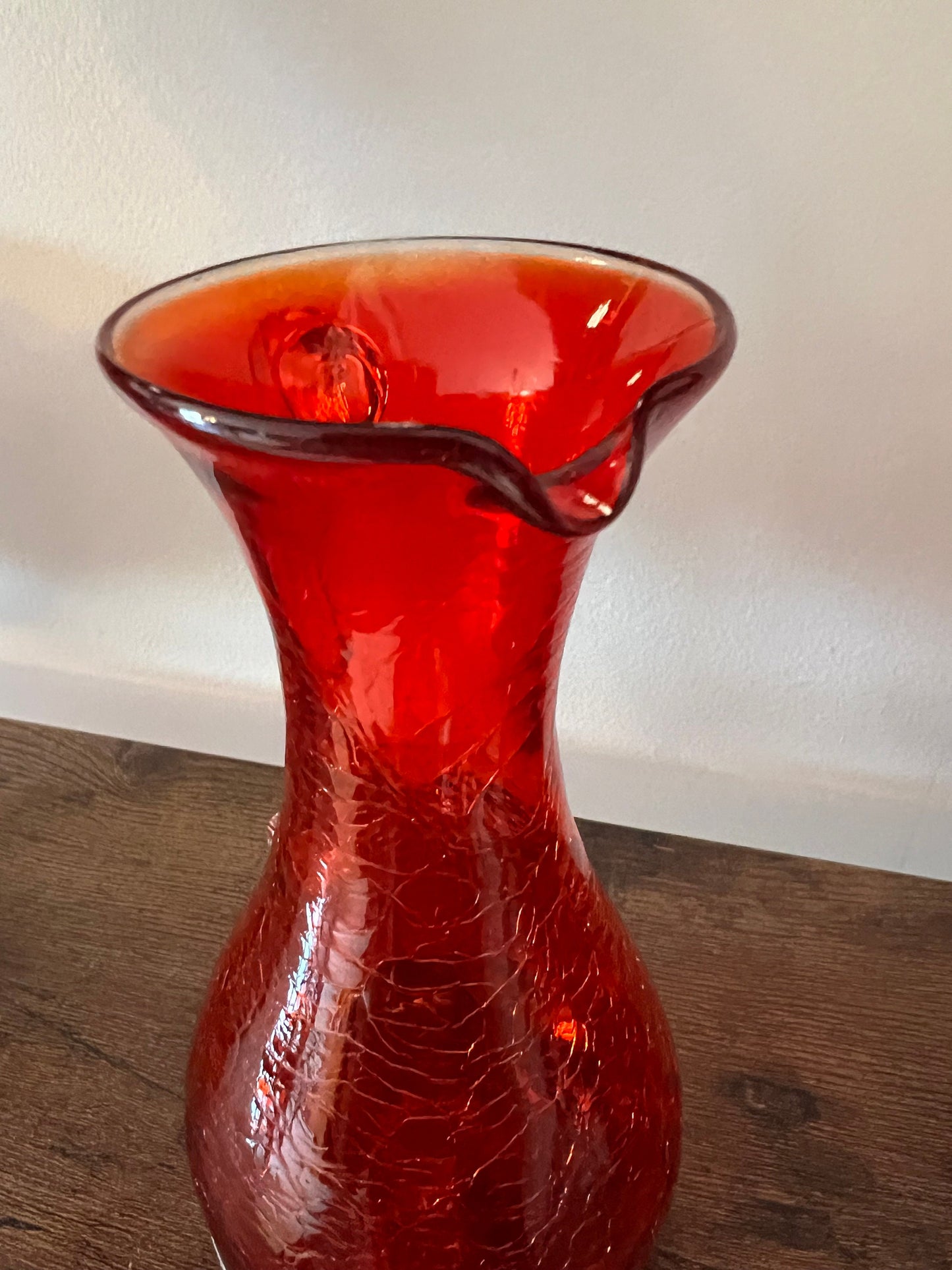 Vintage Red Amberina 7” Glass Pitcher Bud Vase, Applied Handle Red Yellow Glass, Lover Antiques and Vintage