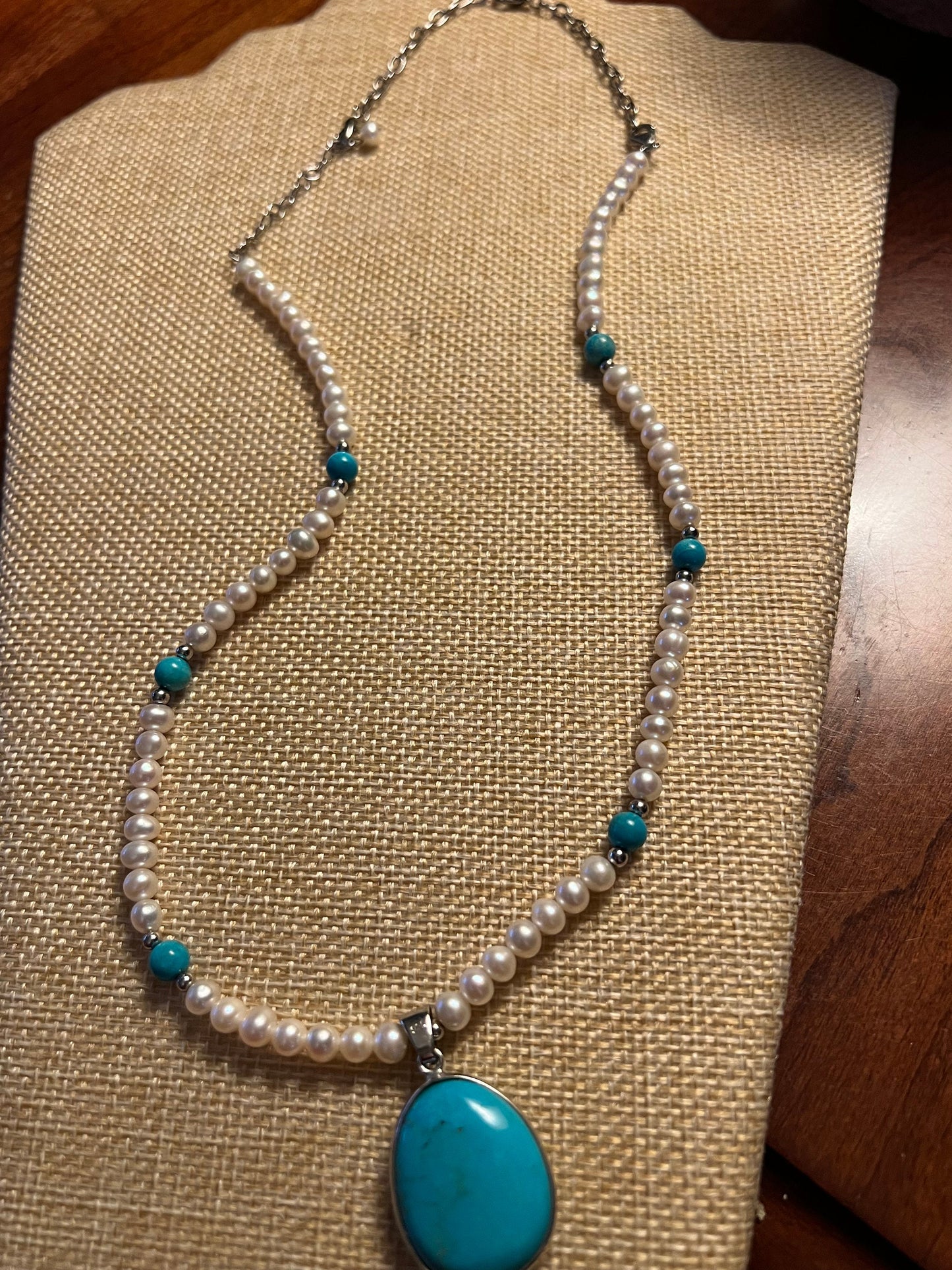 Vintage Sterling Silver and Turquoise Pendant and Pearl Beaded Strand Necklace, Lover Antiques and Vintage