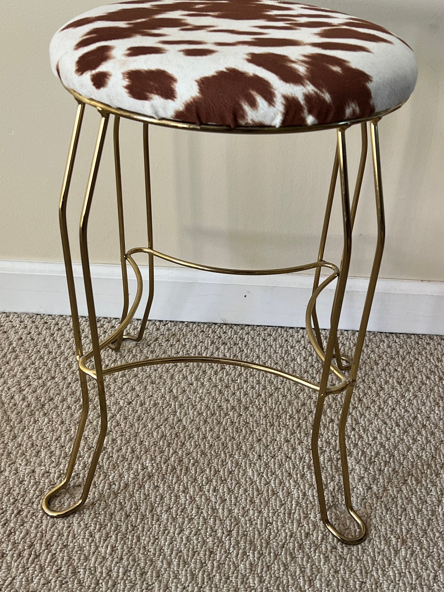 Mid Century Modern Cowhide and Brass Chair Stool Modern Ottoman with Cowhide Steerhorn Photographer’s Seat Lover Antiques and Vintage