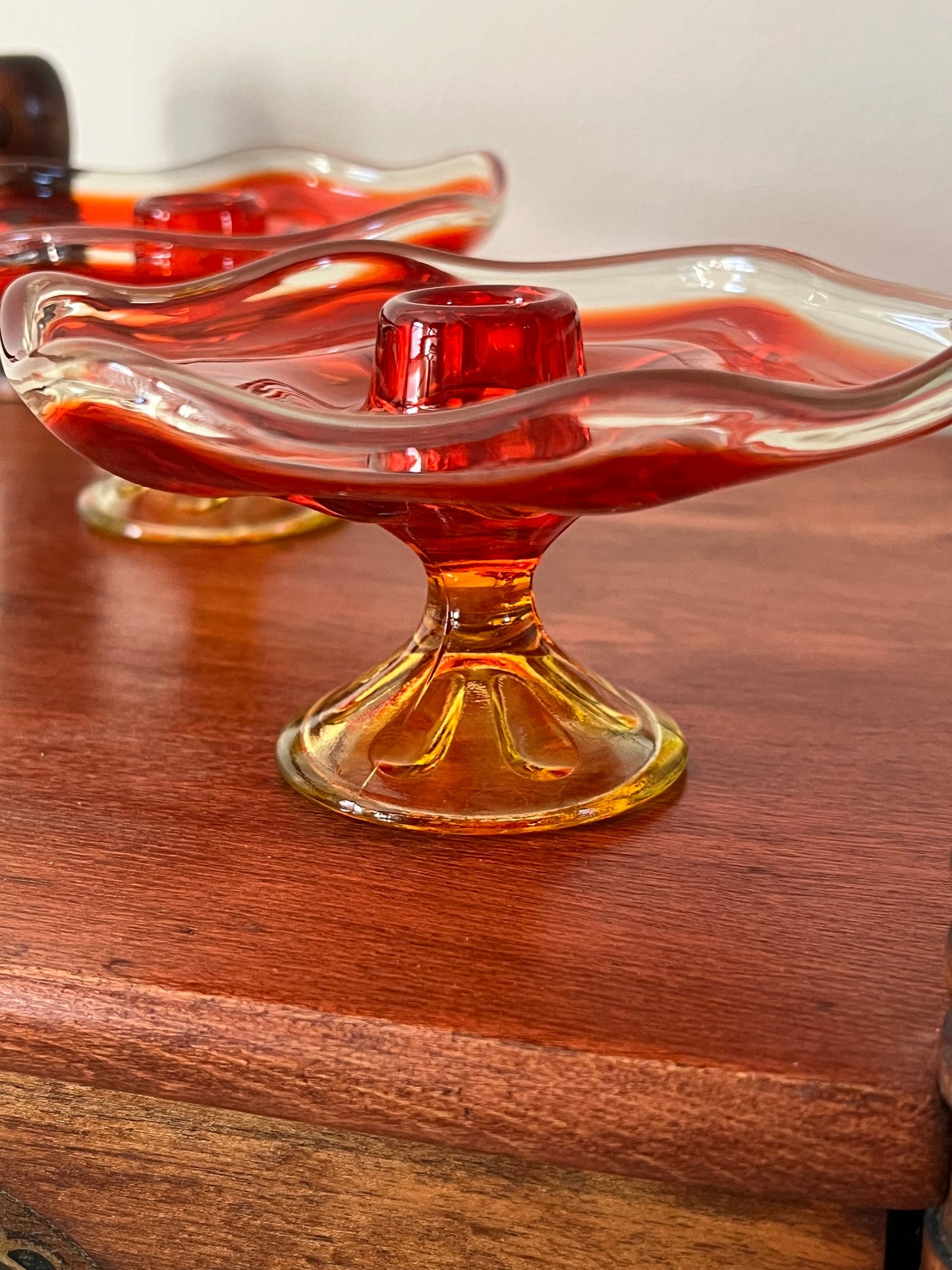 Vintage Viking Persimmon 6 Petal Amberina Pair of Candle Holders Pedestal Candlestick Holders Dish Lover Antiques and Vintage