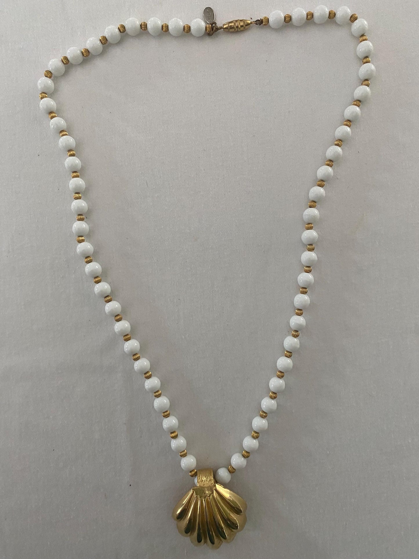 Vintage Signed Gay Boyer Shell with White Beads Necklace Unique Gift Opportunity Lover Antiques and Vintage