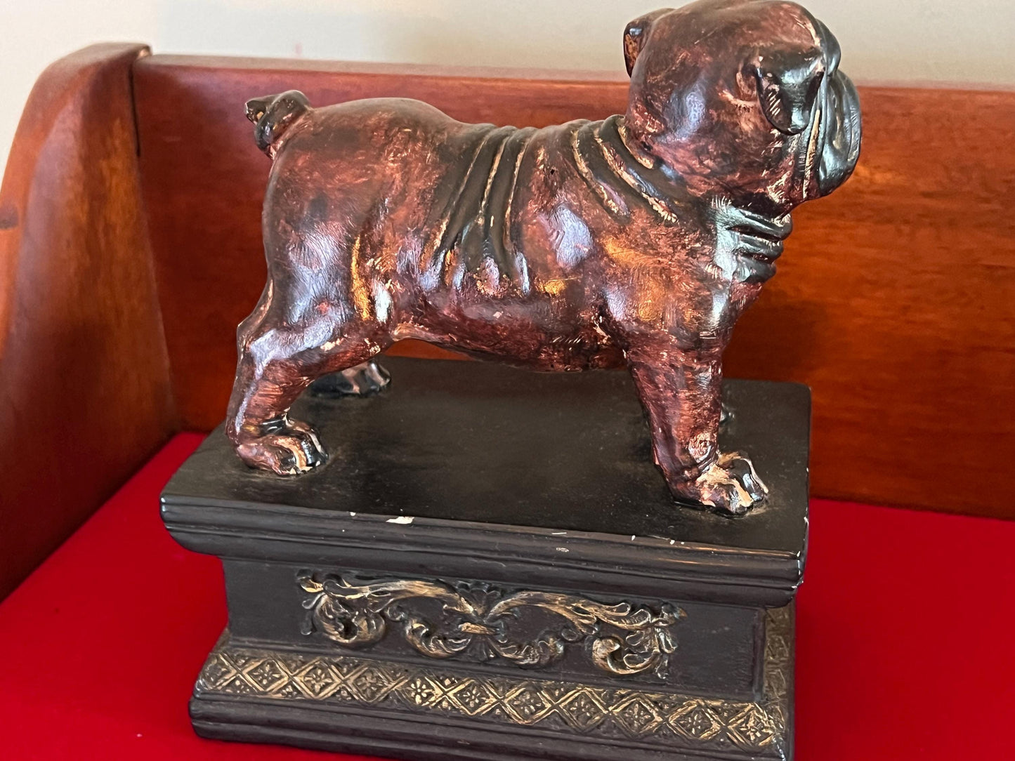 Vintage Bulldog Statue on a Base with Fleur de Lis Stately Brown Figurine on a Stand Lover Antiques and Vintage