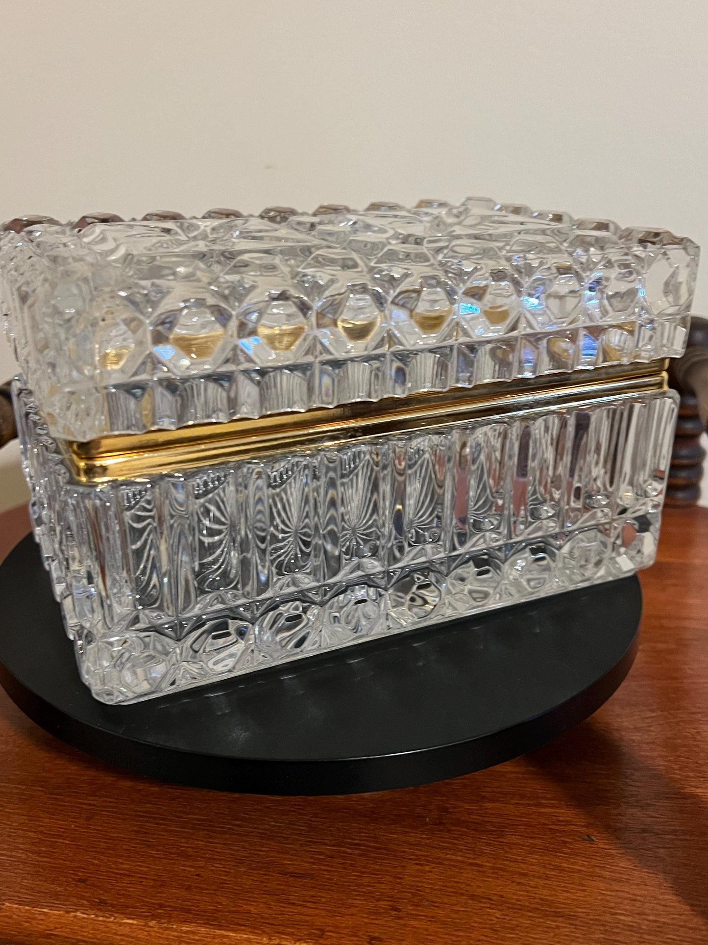 Large French Crystal Brass Jewelry Casket Box Vintage Hand Cut Lead Crystal & Brass Hinged Trinket Box Lover Antiques and Vintage
