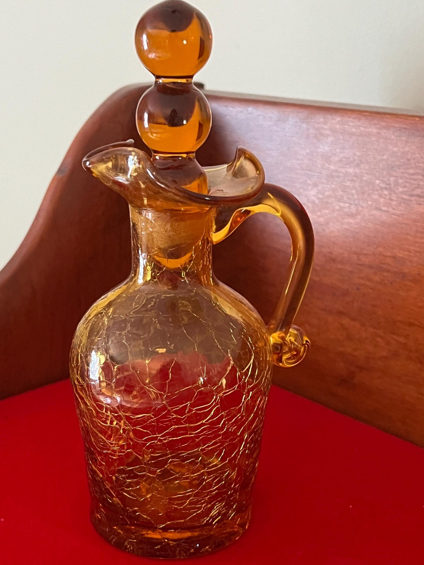 Vintage Amber Crackle Glass Cruet with Double Ball Stopper Mini Pitcher Art Amberina Art Glass Lover Antiques and Vintage